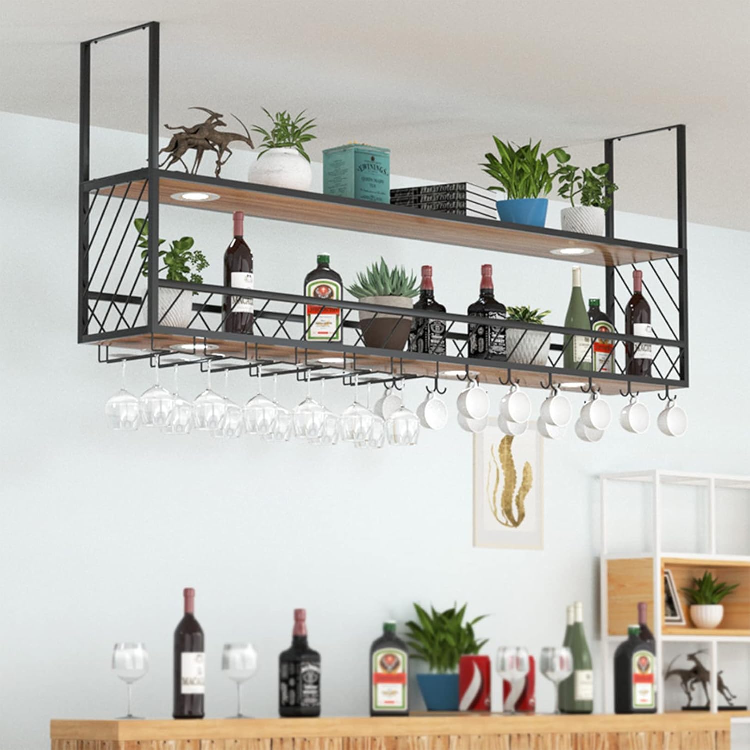 LUCEAE Hanging Wine Rack with 4 Lights 2-Layer Wall Mounted