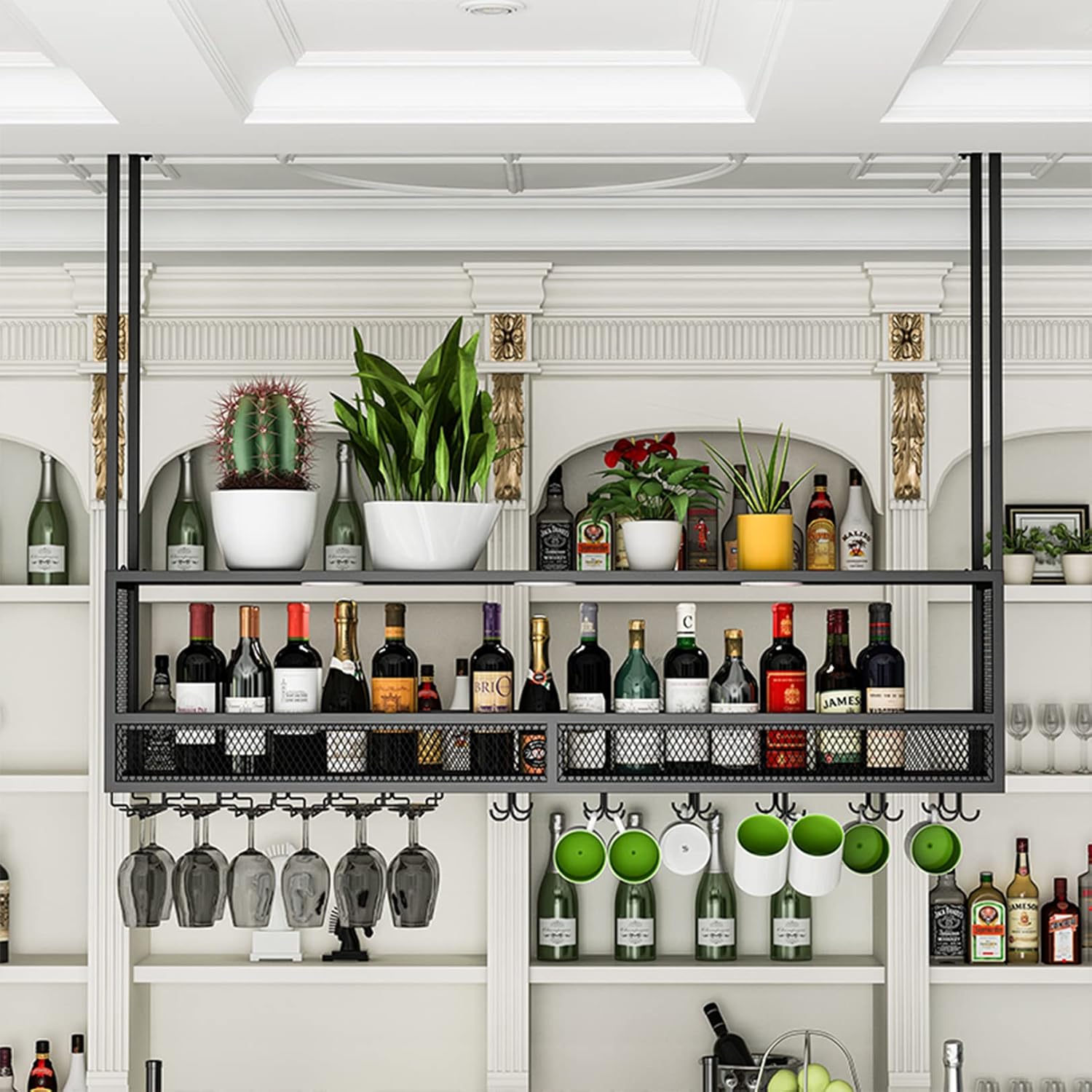LUCEAE Industrial Hanging Wine Rack with Lights Bar Ceiling Mounted 10030Cm