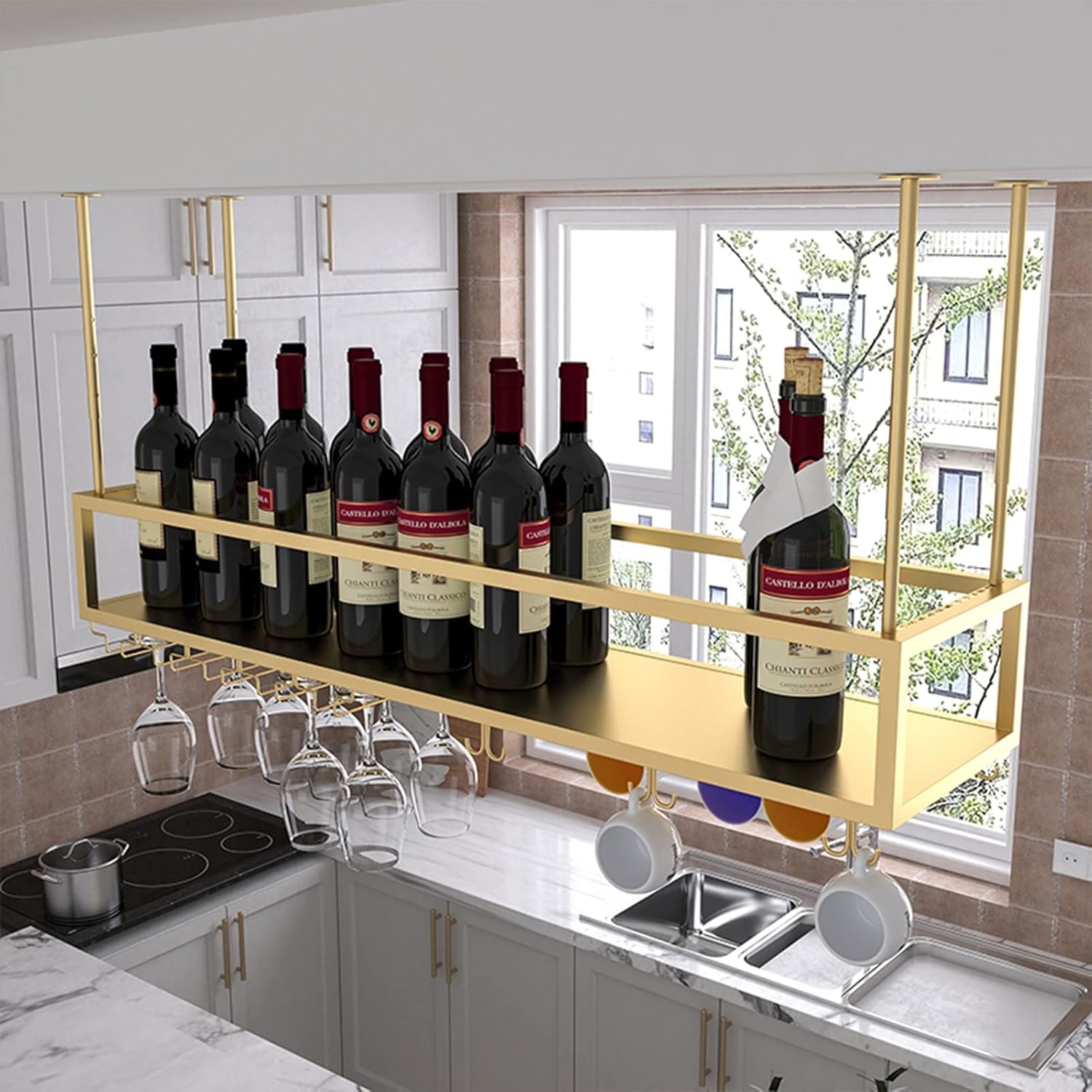 Adjustable Wine Rack with Stemware Holder - Gold