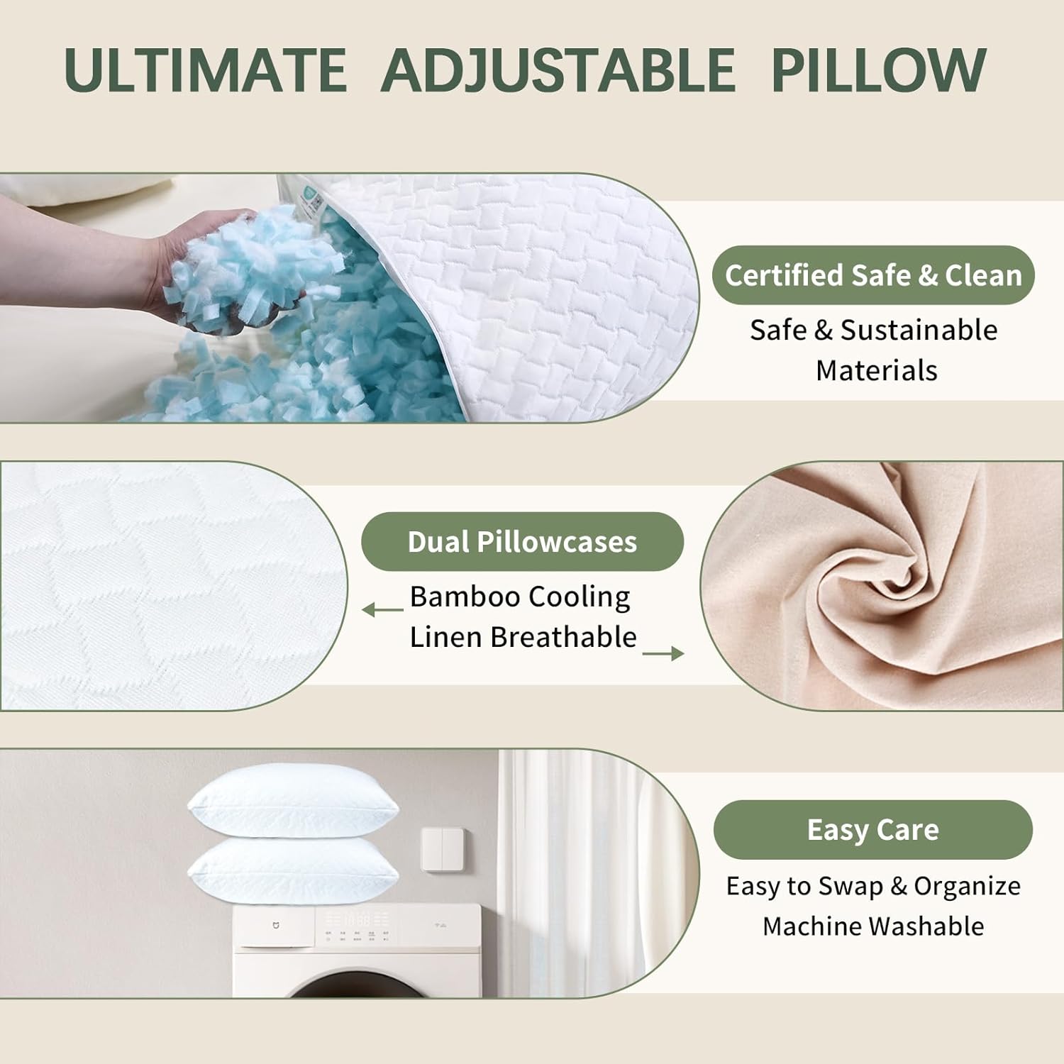 Ashena Adjustable Pillow with Cooling Bamboo Cover