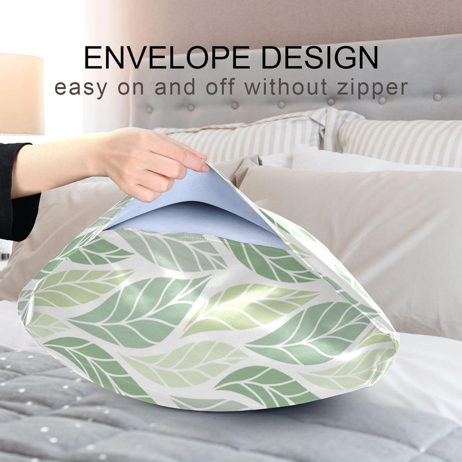 TSENQUE Geometric Green Leaves Pattern Satin Pillow Case