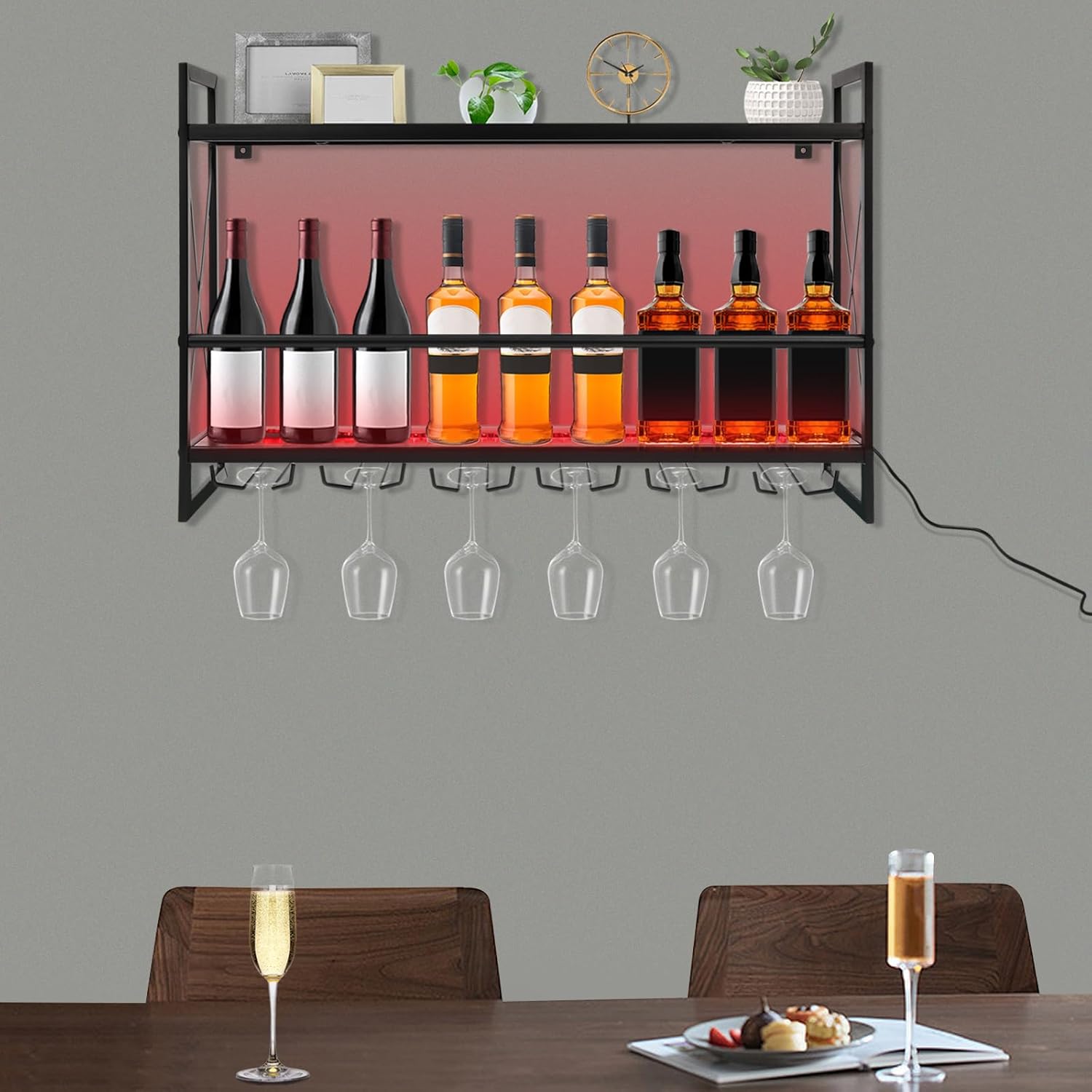 WUSILILU 2Tiers LED Wine Rack Wall Mount with Remote Control
