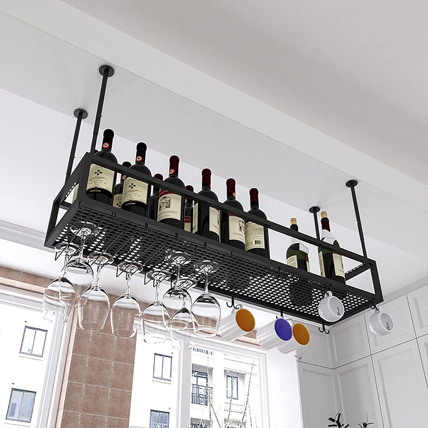 Industrial Black Wine Rack with Stemware Storage