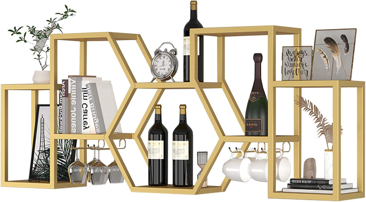 BOCbco Wall-Mounted Wine Rack in Gold with Iron Art