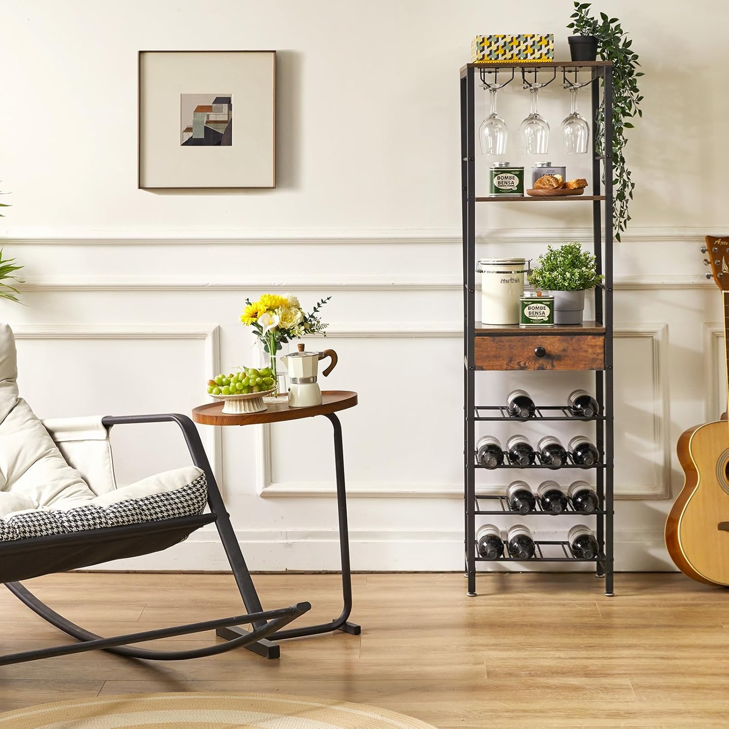 IBUYKE 4-Tier Freestanding Wine Rack with Storage Drawer