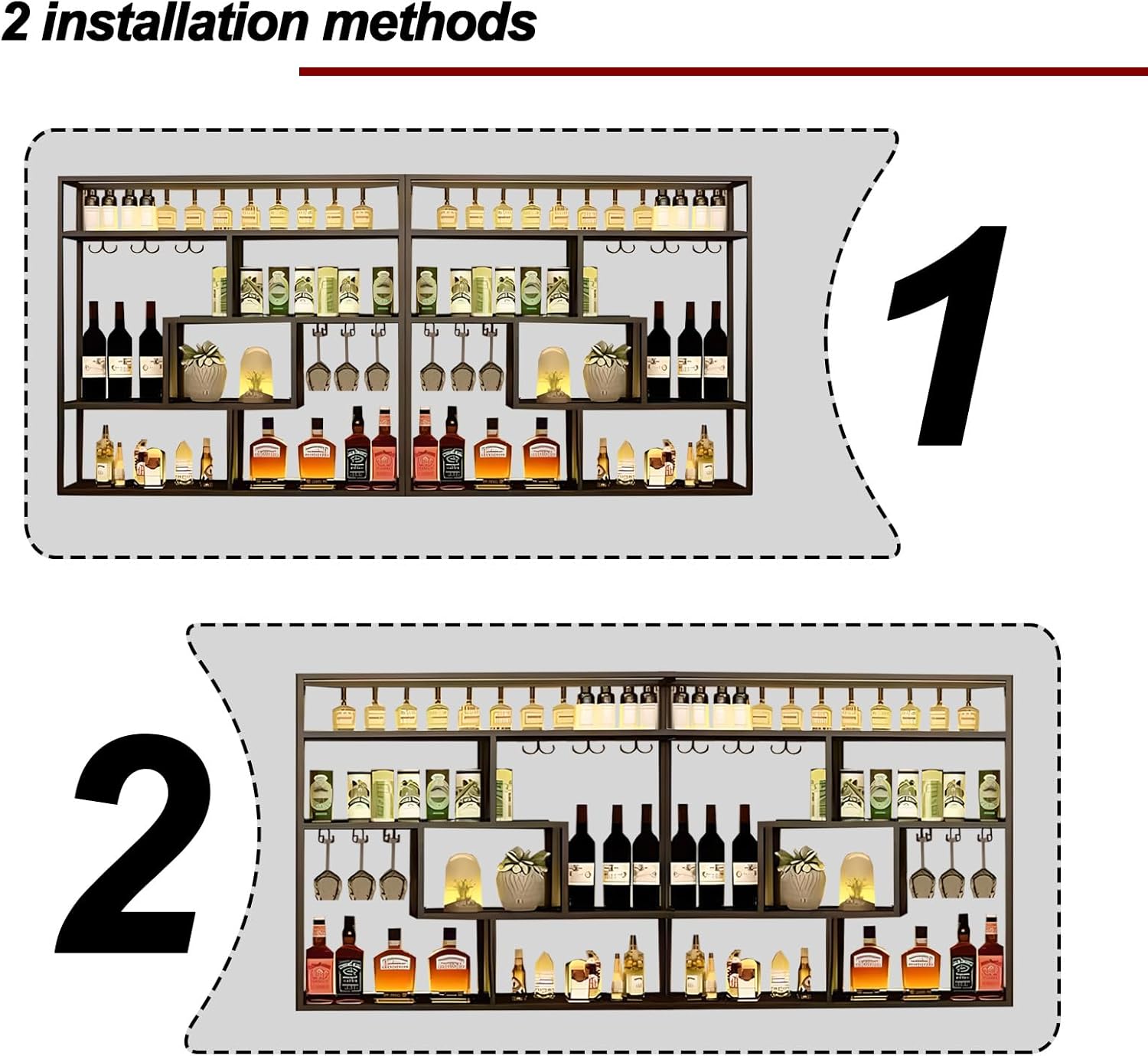 118in Wall Mounted Wine Rack with Glass Holder 4-Tier Industrial Design Black