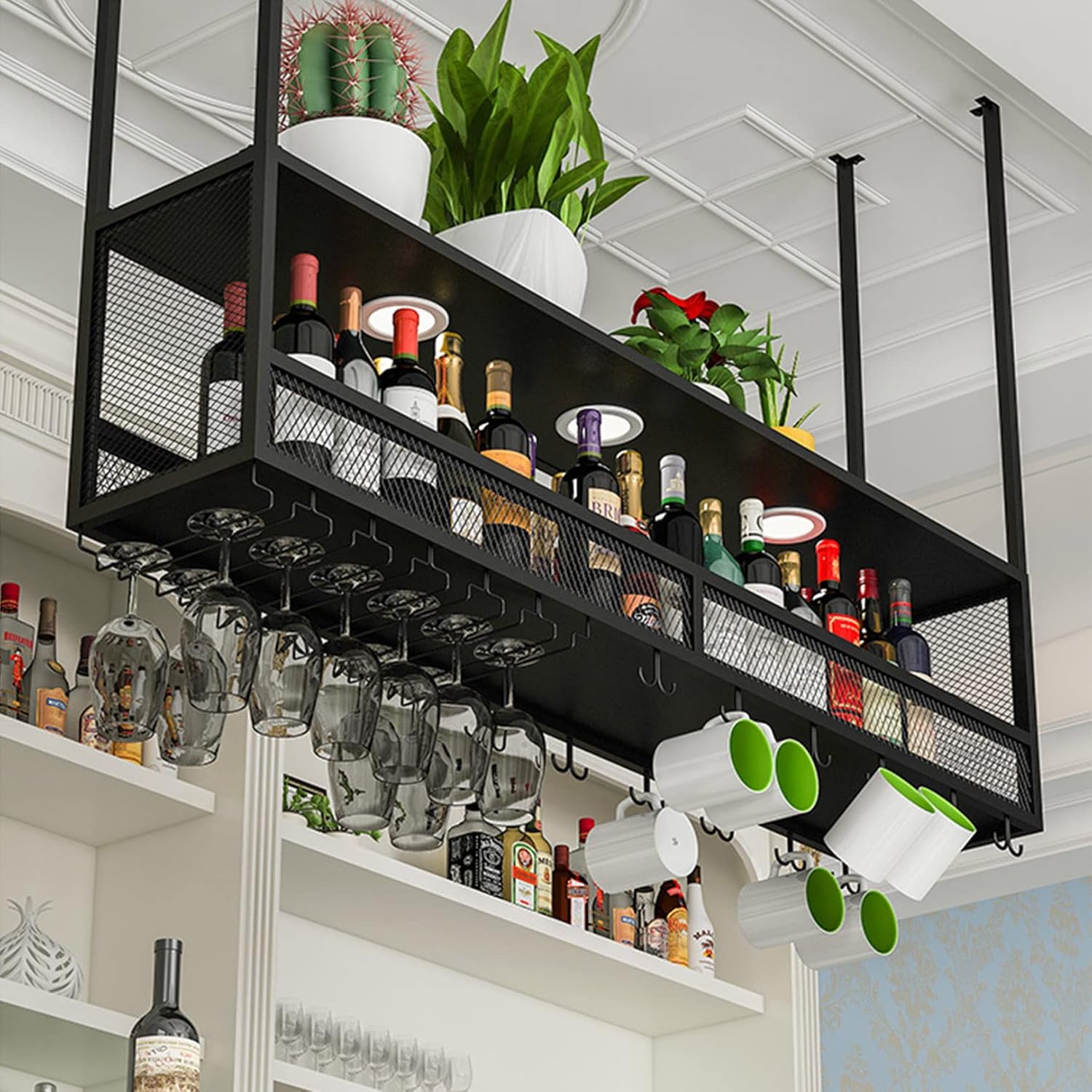 LUCEAE Industrial Hanging Wine Rack with Lights Bar Ceiling Mounted 10030Cm
