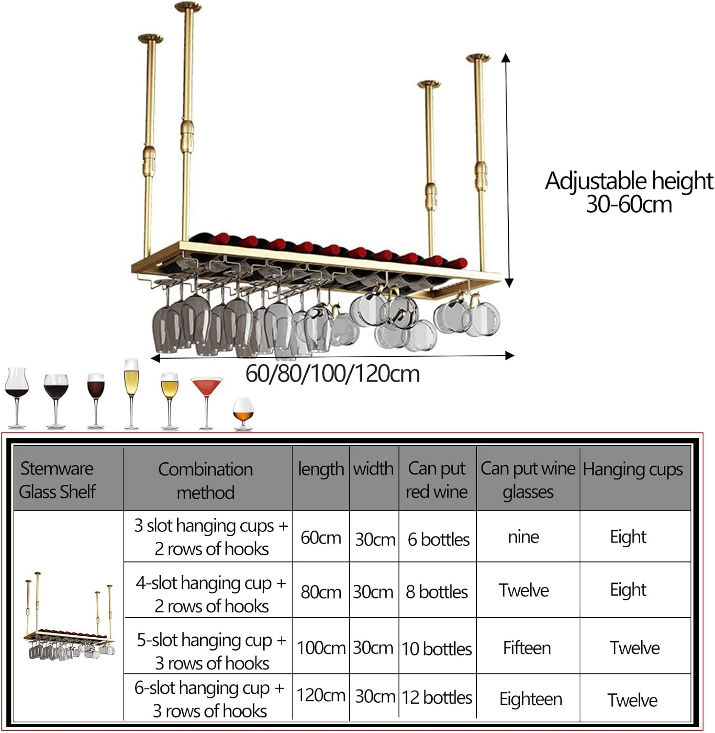 Suuim Ceiling Wine Rack Adjustable Height and Width Gold