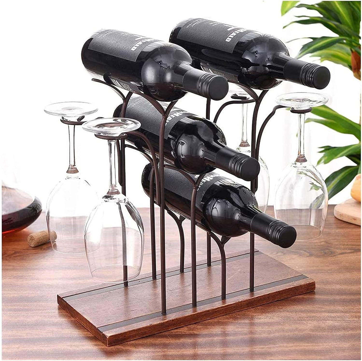 ALDEPO Gold Wine Rack with 4 Bottles and 4 Glasses