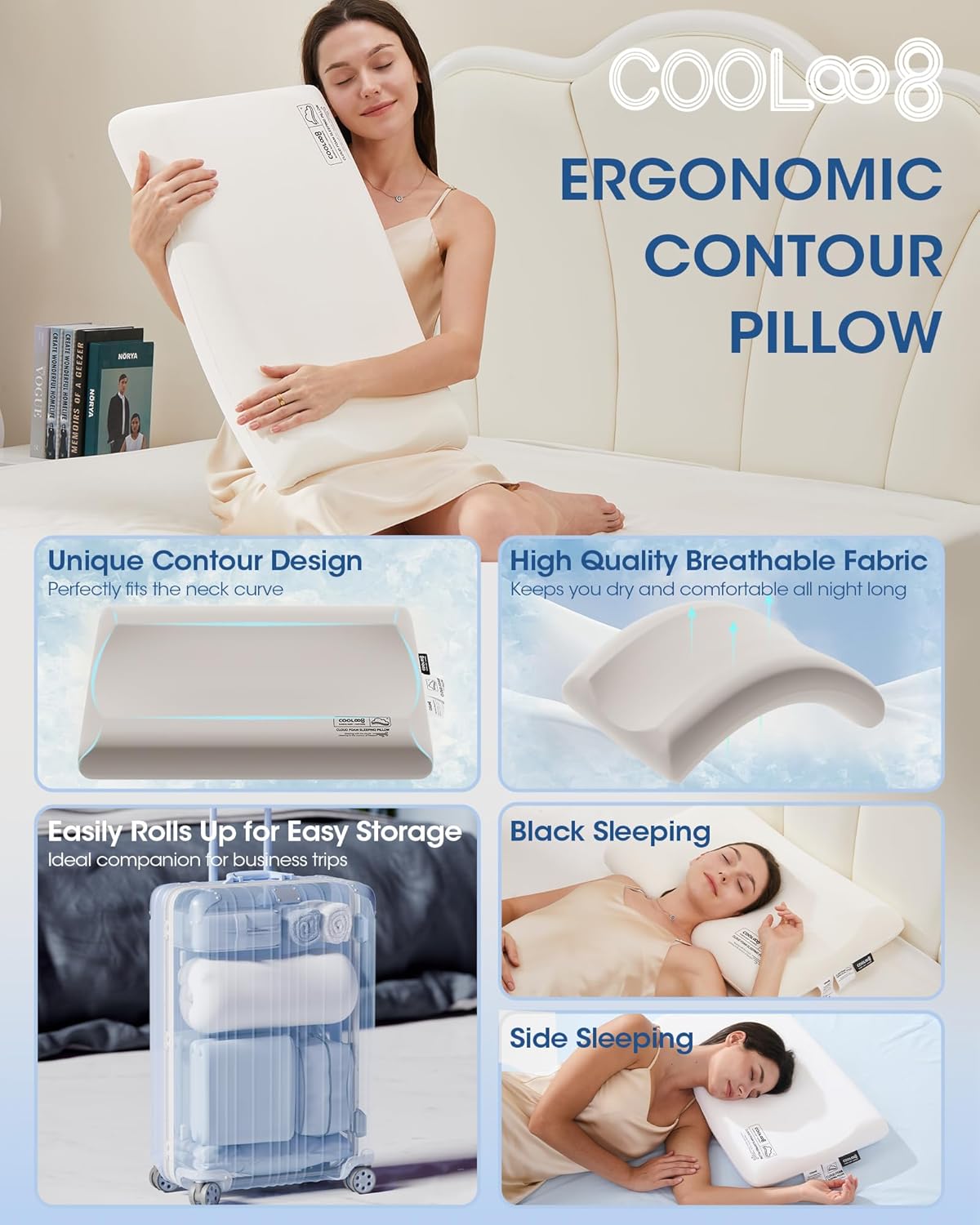 Cooloo8 Ultra-Thin Memory Foam Queen Pillow for Neck Pain Relief