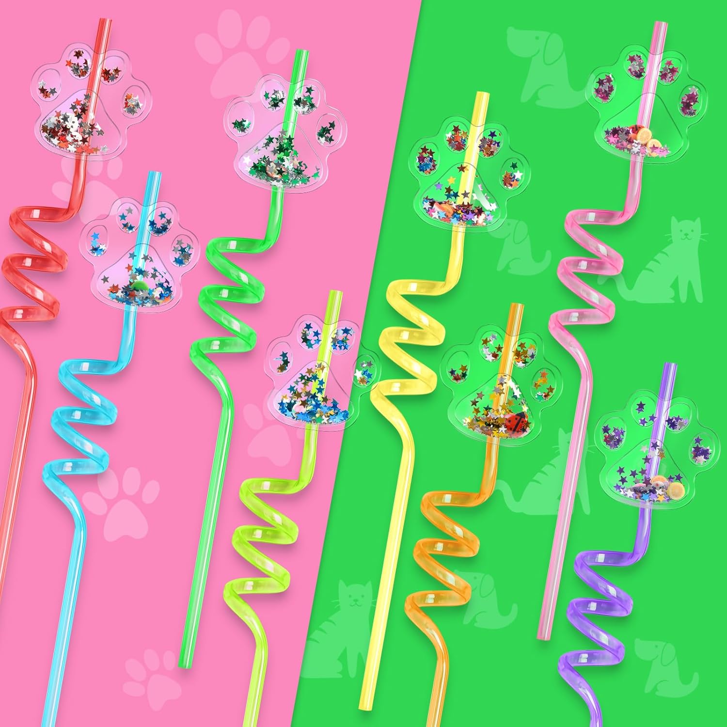 FZR Legend 24Pcs Glitter Paw Drinking Straws with 2Pcs Straw Cleaning Brushes