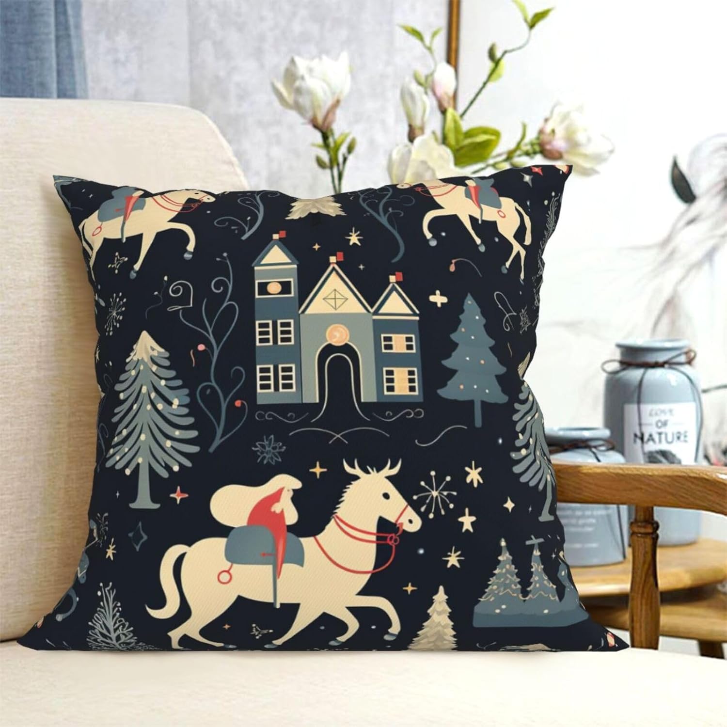 Ogniwo House Deer Tree Christmas Throw Pillow Soft 12x12 Inch Cushion Case