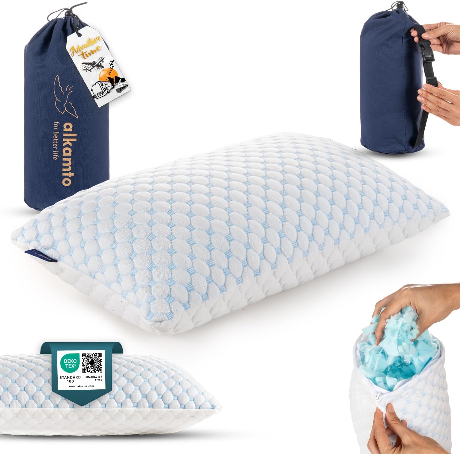 Cooling Shredded Memory Foam Pillow Adjustable Gel Travel-Ready