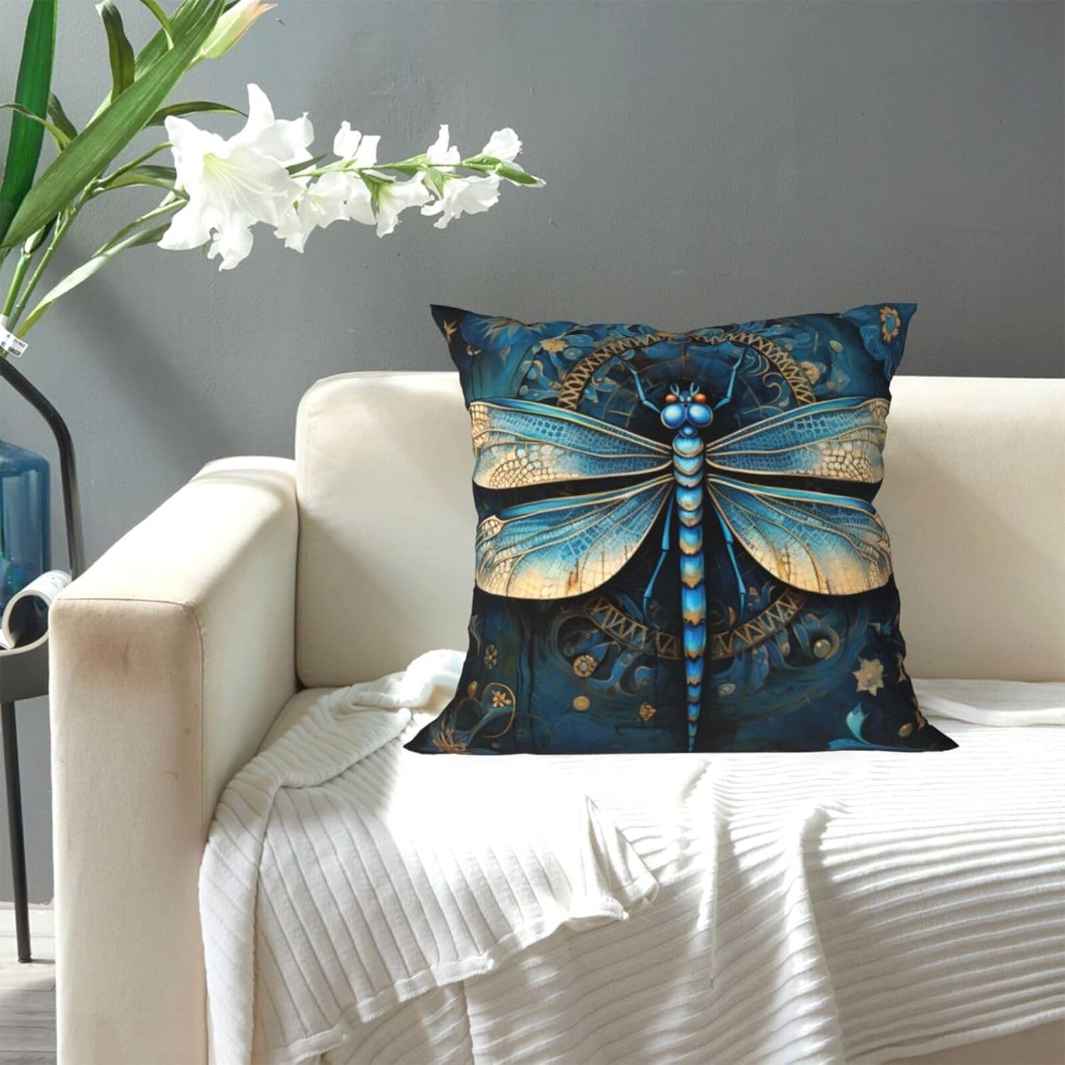Ogniwo Art Blue Dragonfly Throw Pillow 12x12 Inch Soft Square Cushion Case