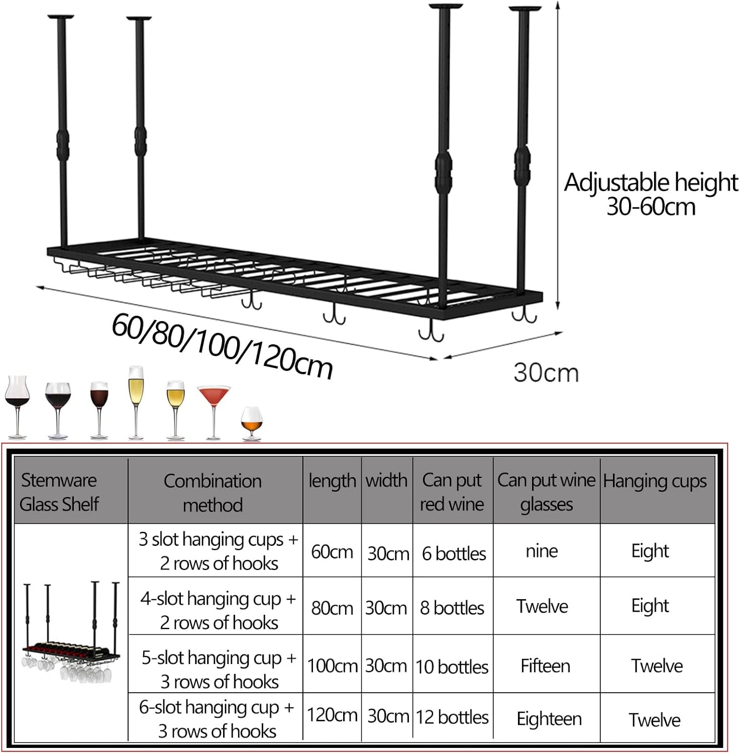 Adjustable Ceiling Wine Bottle Holder with Glass Rack