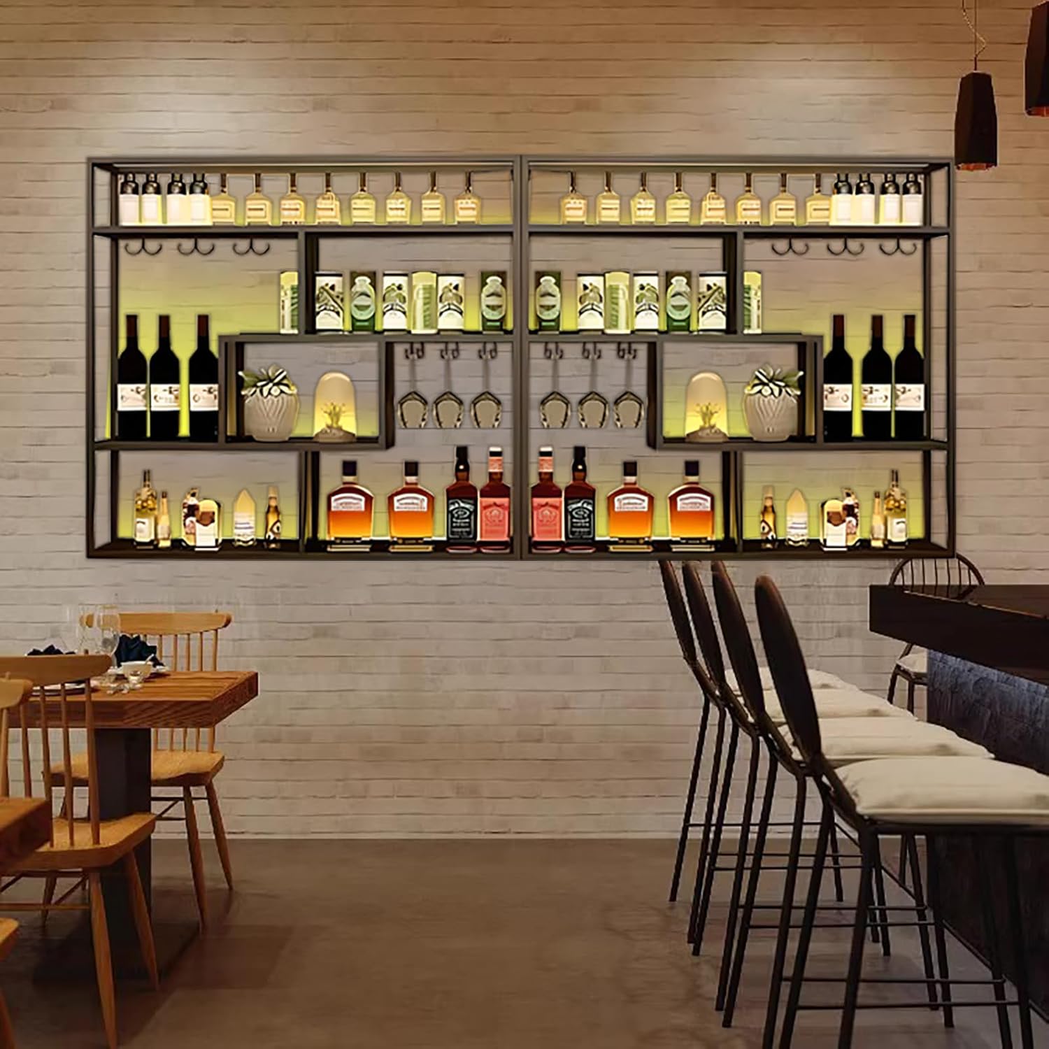 118in Wall Mounted Wine Rack with Glass Holder 4-Tier Industrial Design Black