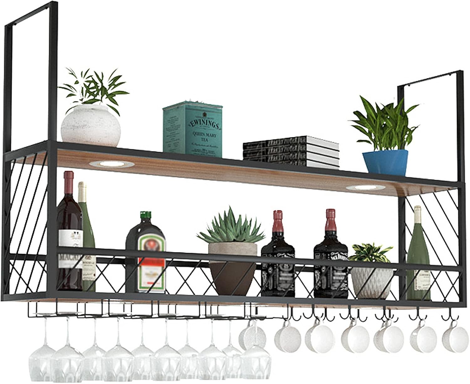 LUCEAE Hanging Wine Rack with 4 Lights 2-Layer Wall Mounted