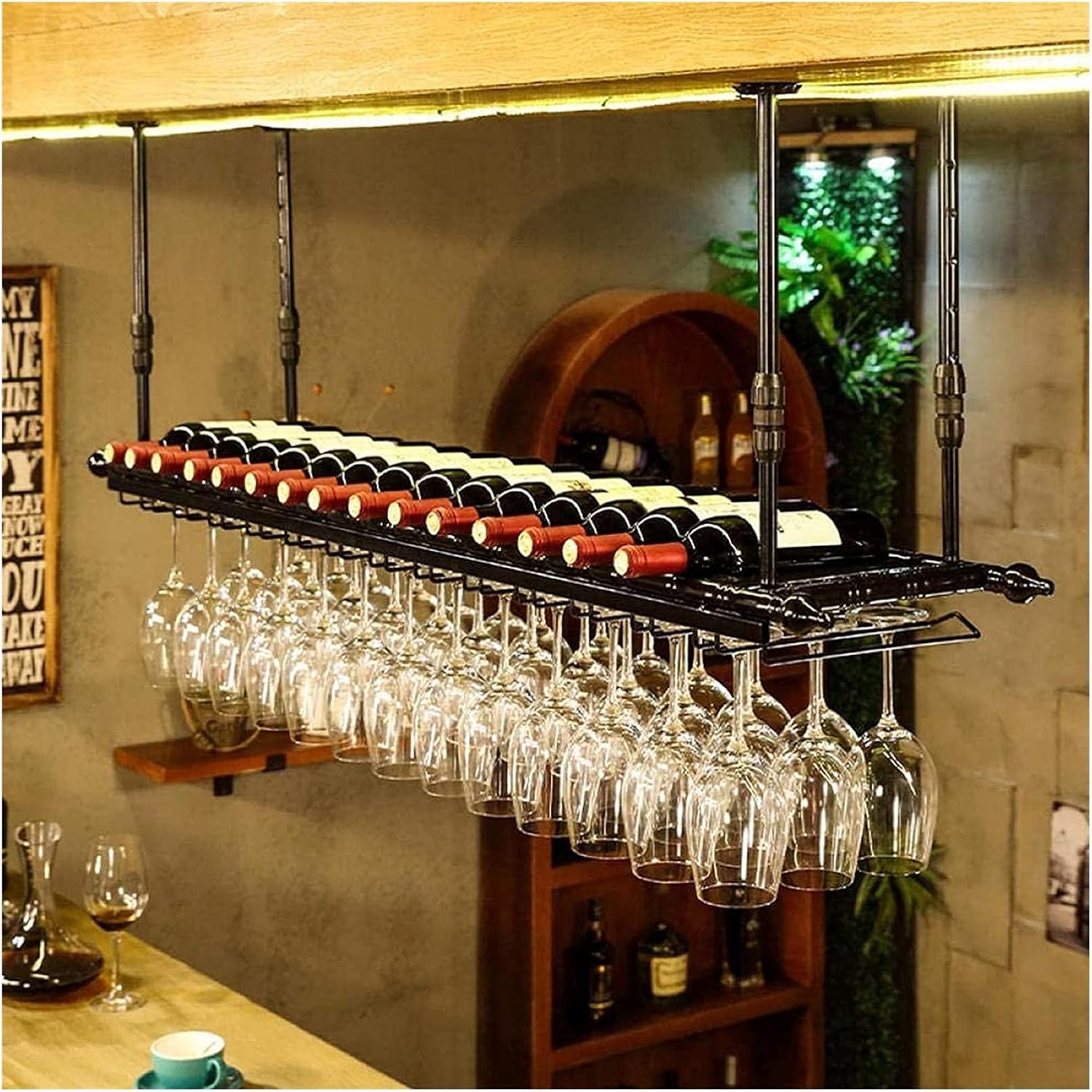 Modern Ceiling Wine Rack with Adjustable Rod and Glass Holder