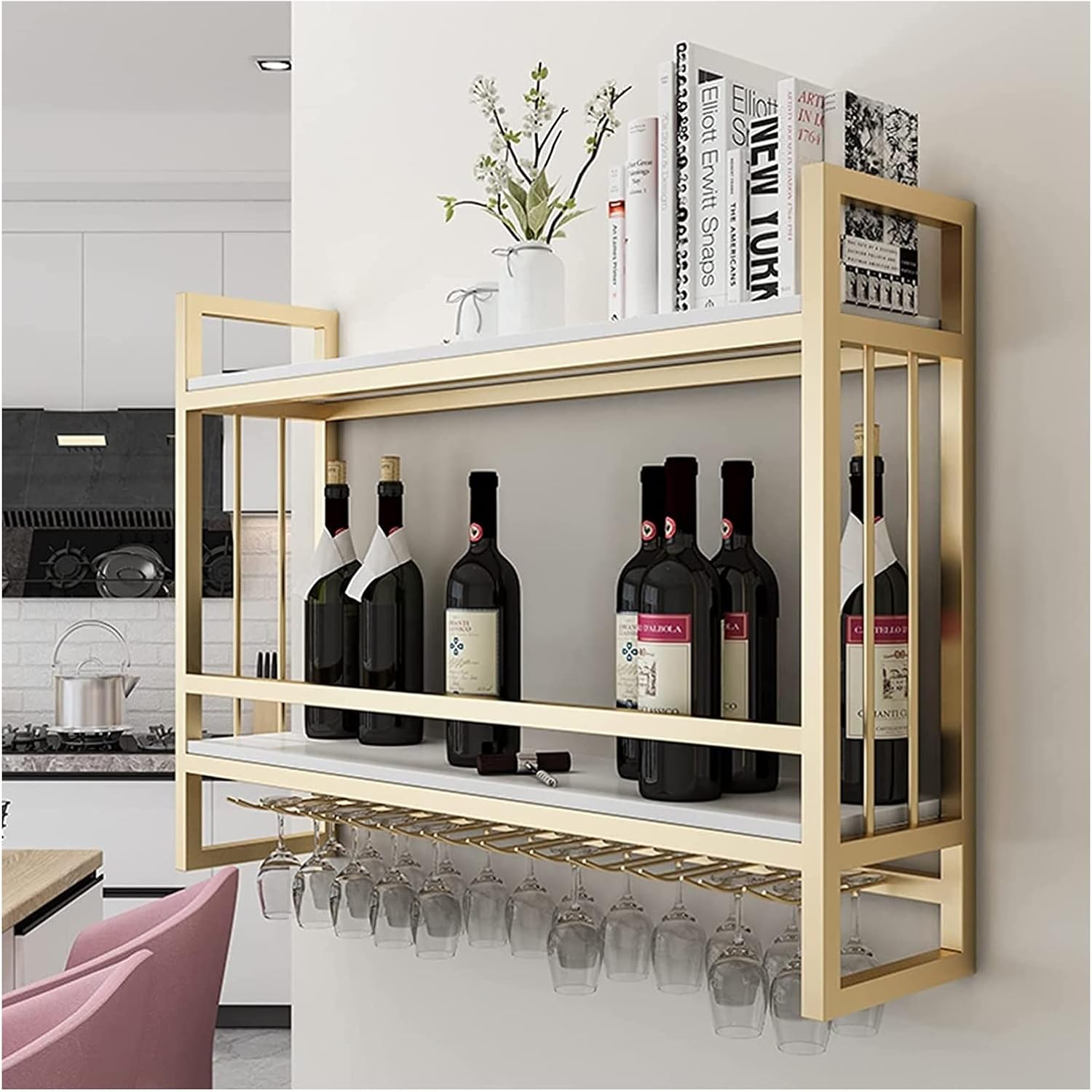 ALDEPO Tabletop Wine Rack with Glass Holder Capacity 4 Bottles 4 Glasses