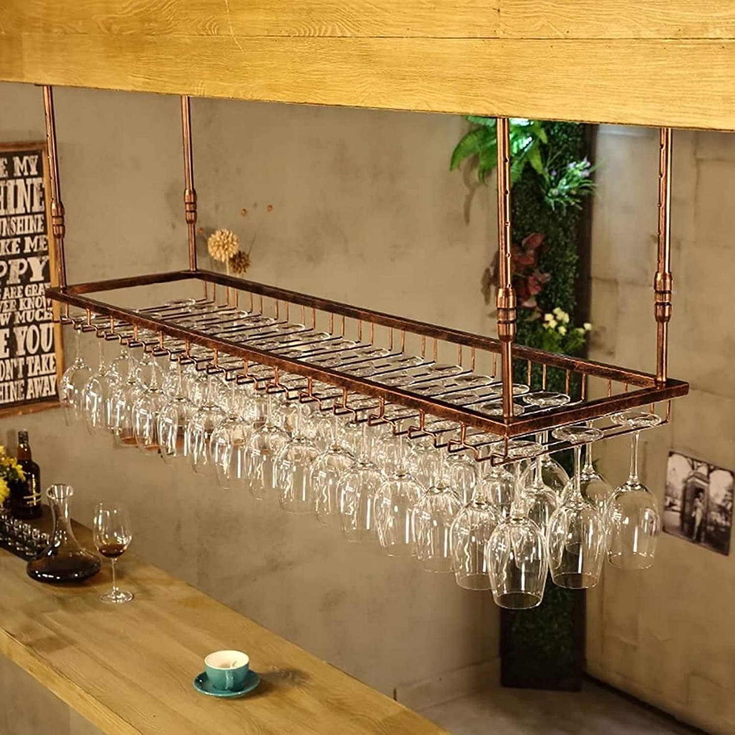 Ceiling Wine Rack with Glass Holder Shelf 90x35cm