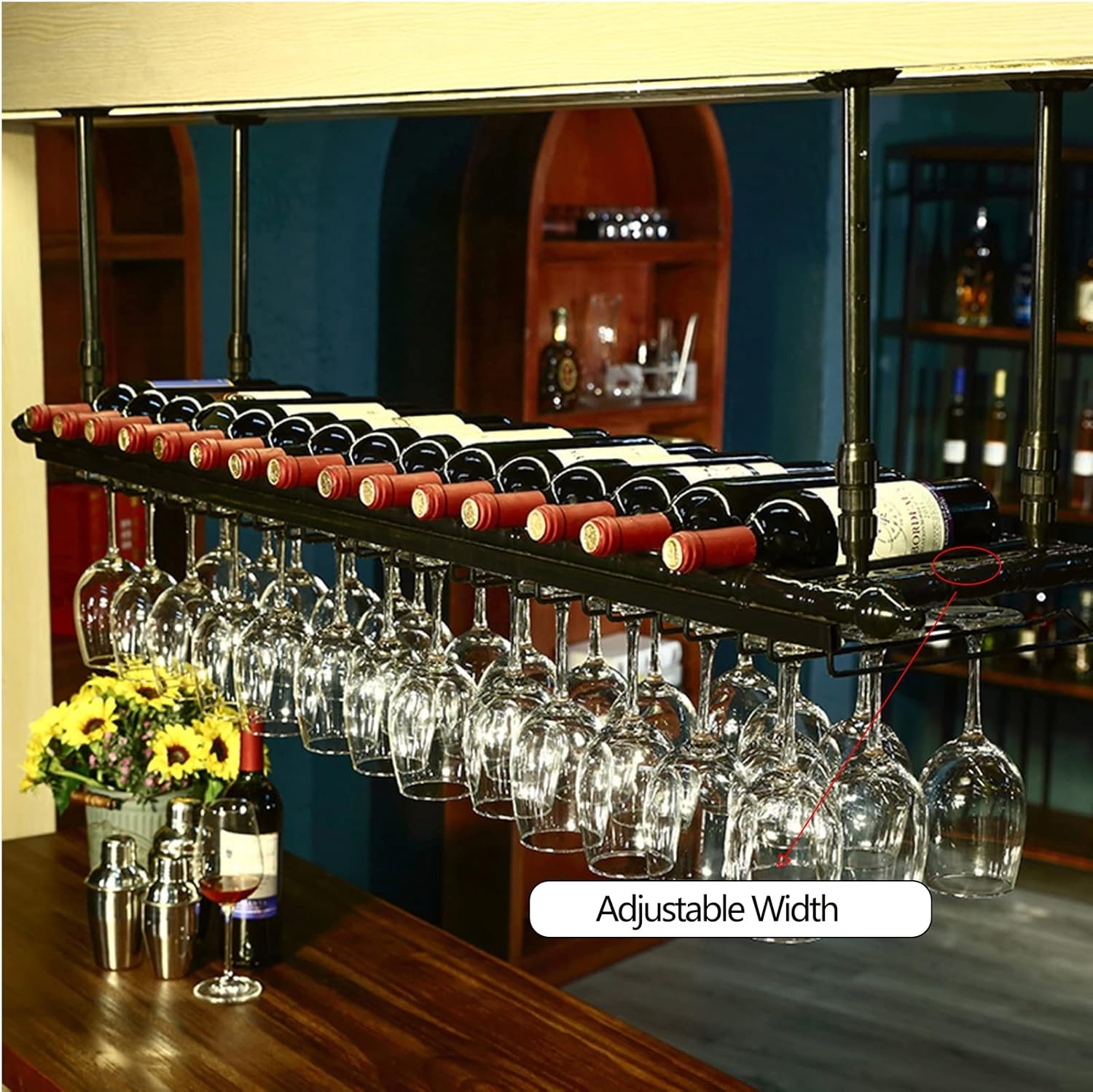 Suuim Metal Ceiling Wine Rack Holder with Adjustable Stemware