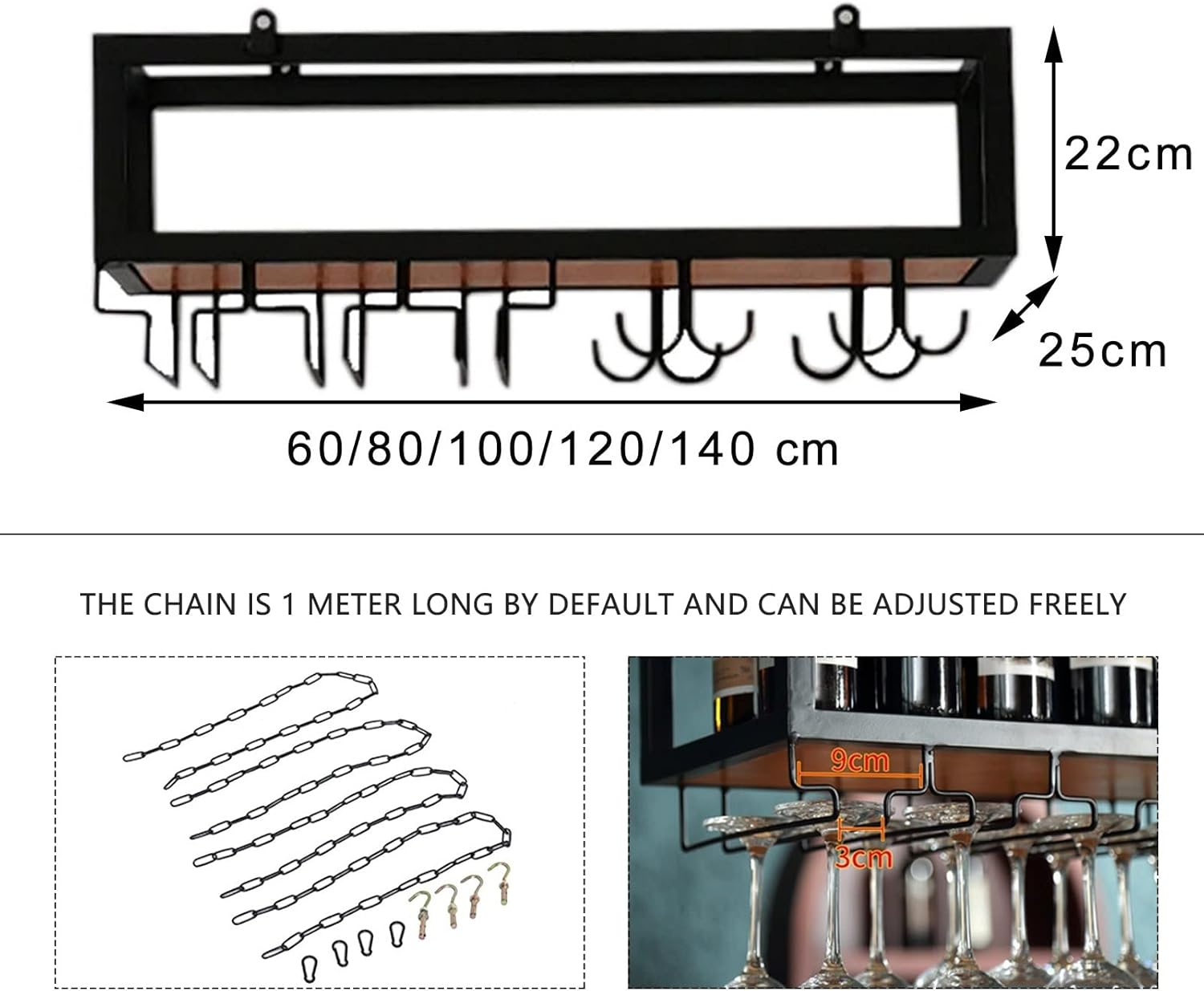 Sturdy Iron Hanging Wine Rack with Adjustable Design Black