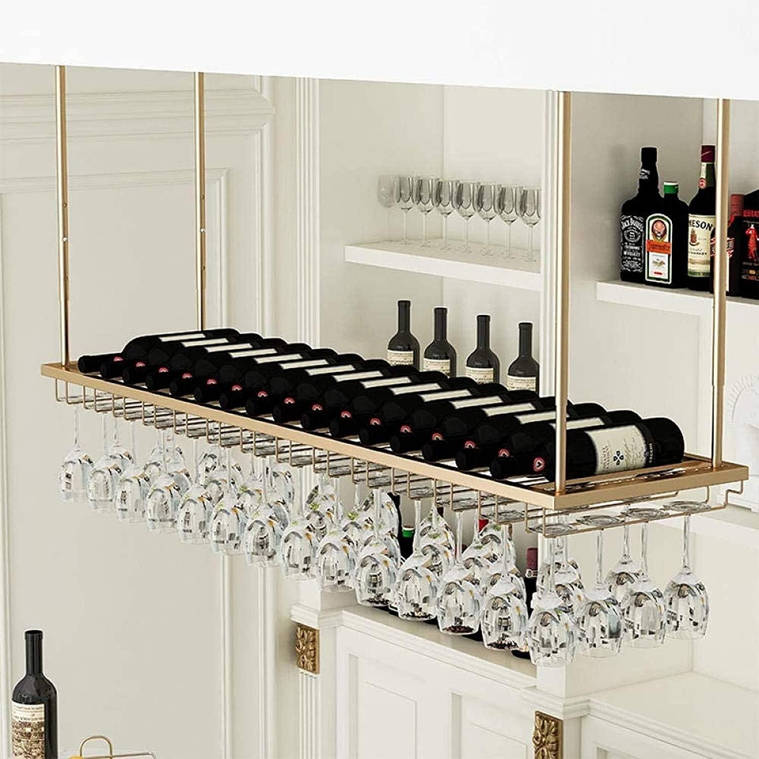 Ceiling Hanging Wine Rack with Glass Holder Shelf 80Cm27Cm Simple Style Iron Frame