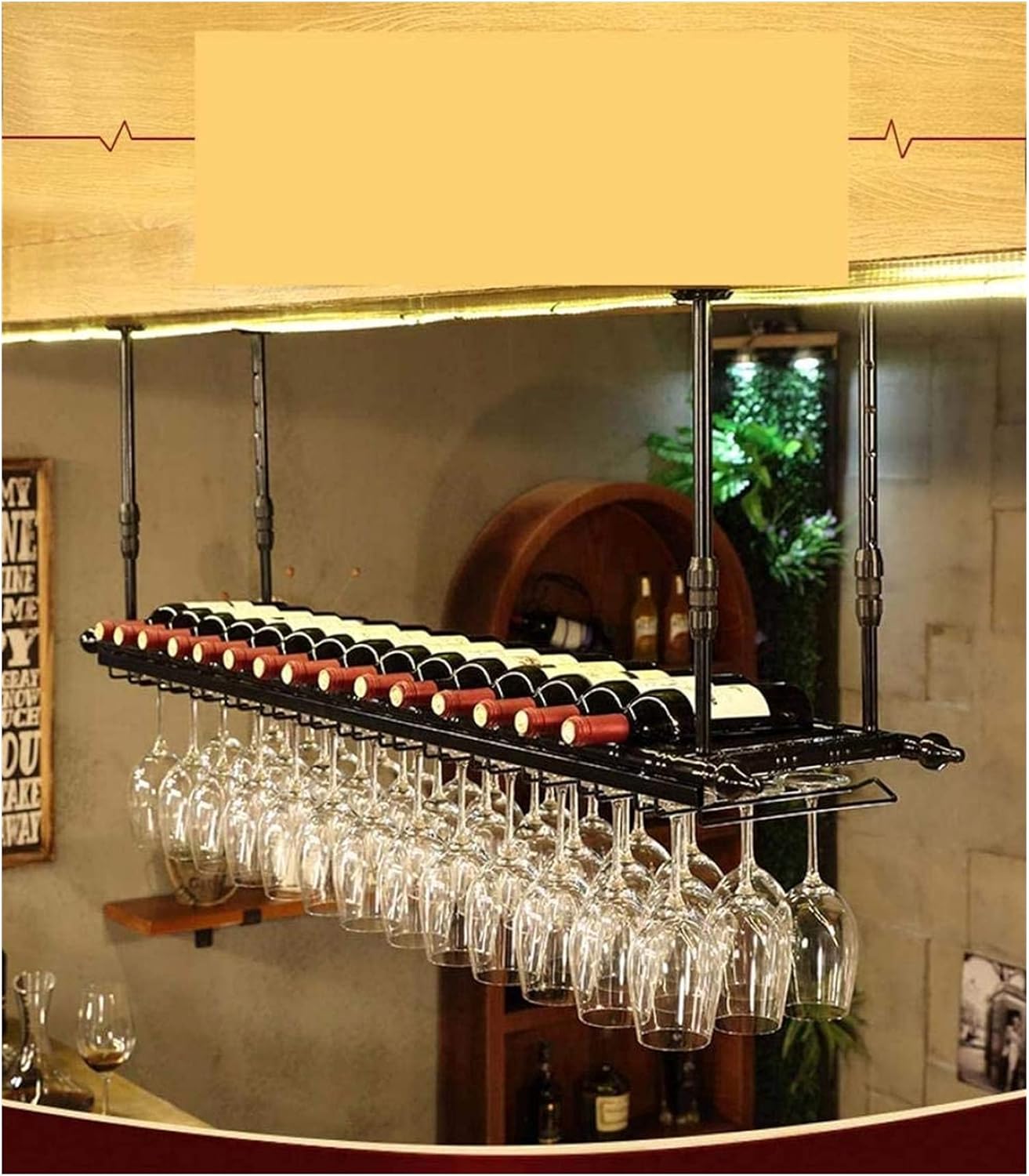 Ceiling Hanging Wine Rack with Glass Holder Shelf and Stemware Holder