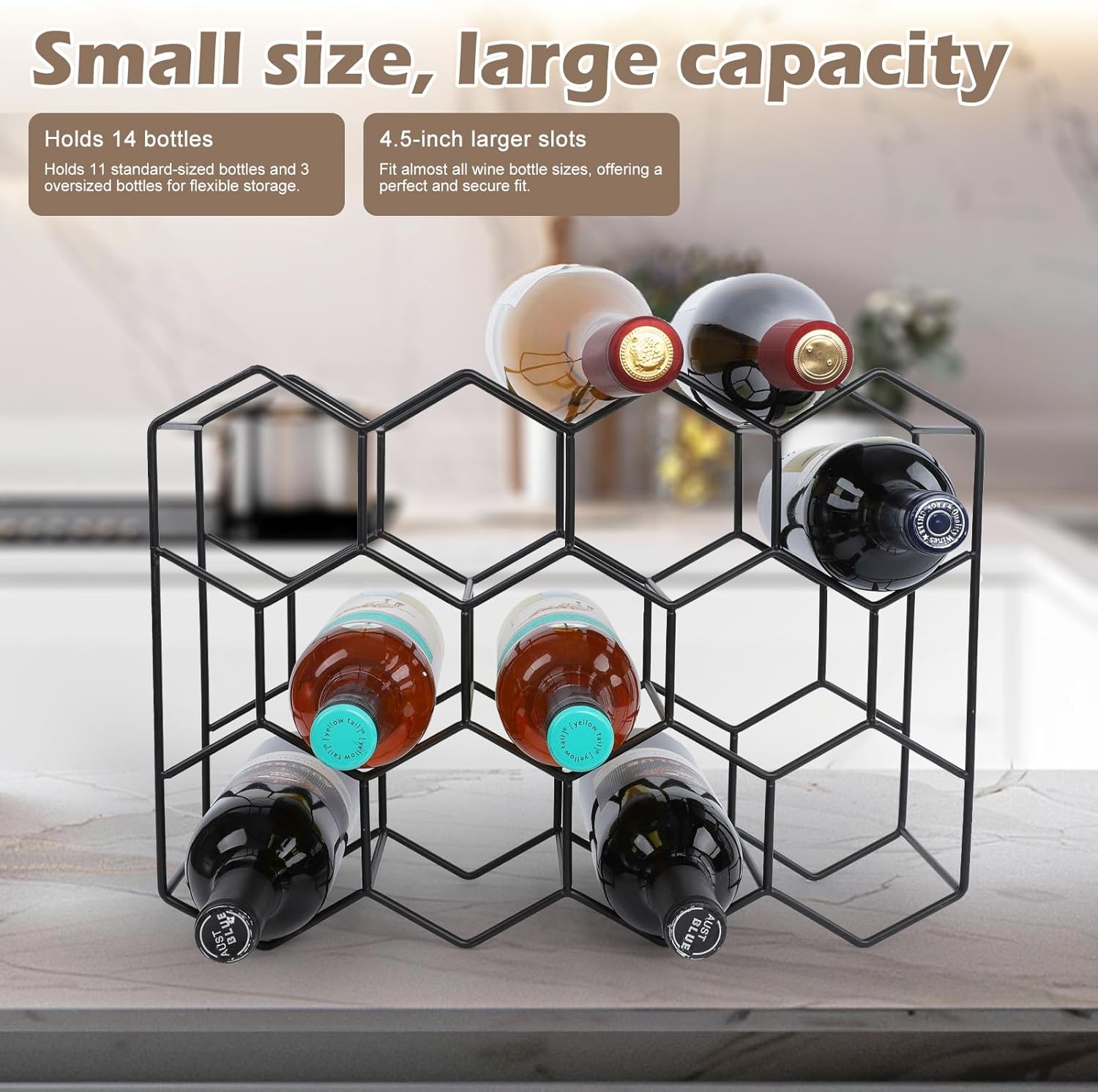 Luoieo Black Wine Rack 14 Bottles 3 Tier Matte Stainless Steel Holder