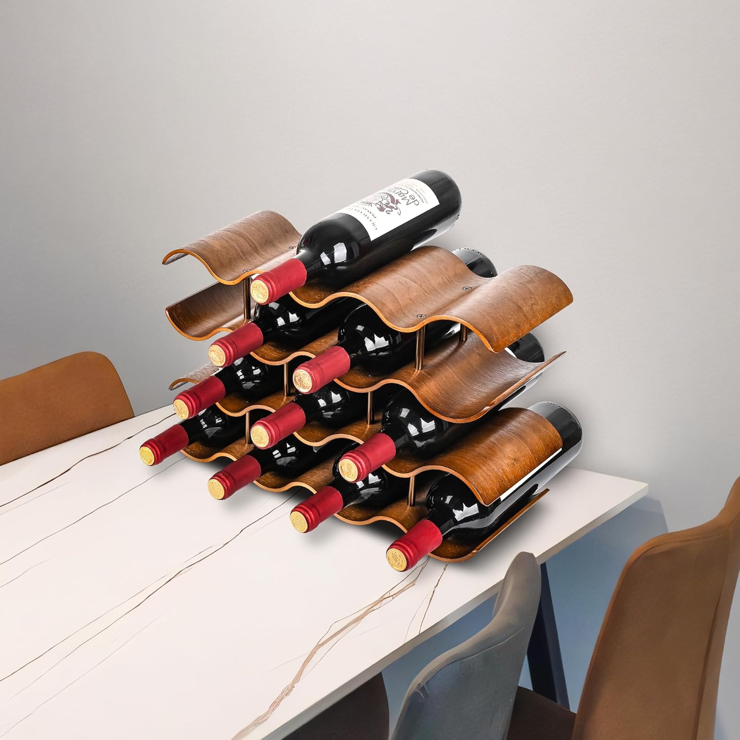 TRUDING 14 Bottle Tabletop Wine Rack with 4 Tier Walnut Wavy Design