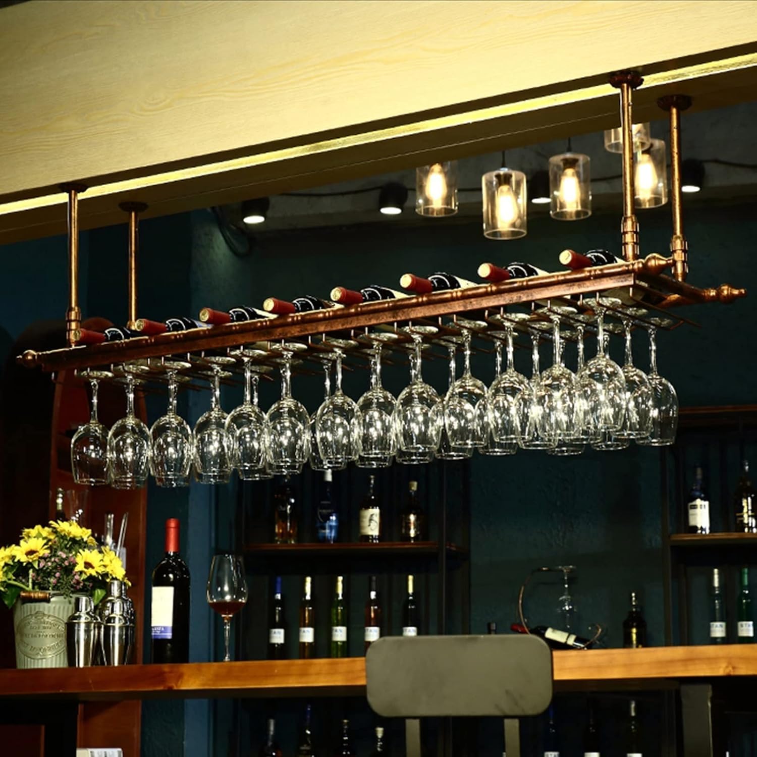 Metal Wine Racks with Adjustable Stemware Holder for Home Bar