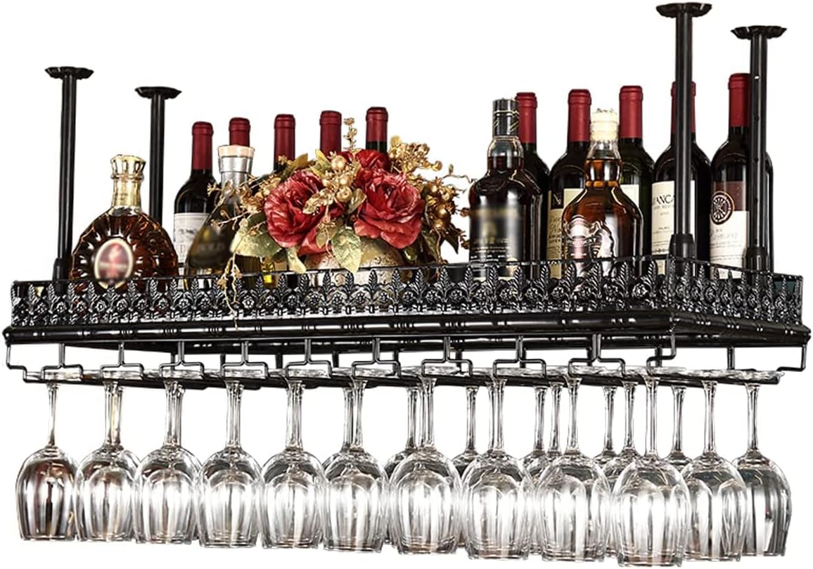 Adjustable Metal Ceiling Wine Rack Holder - 60x35cm Black