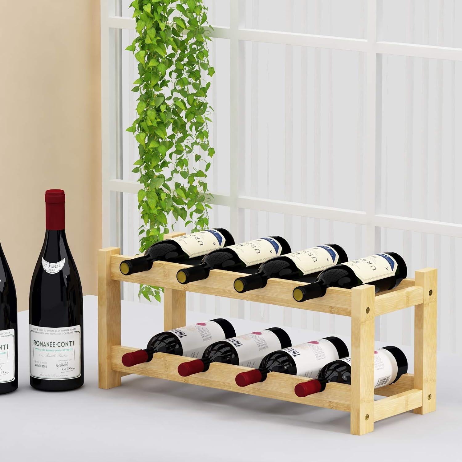 BAMEOS 8-Bottle Freestanding Bamboo Wine Rack