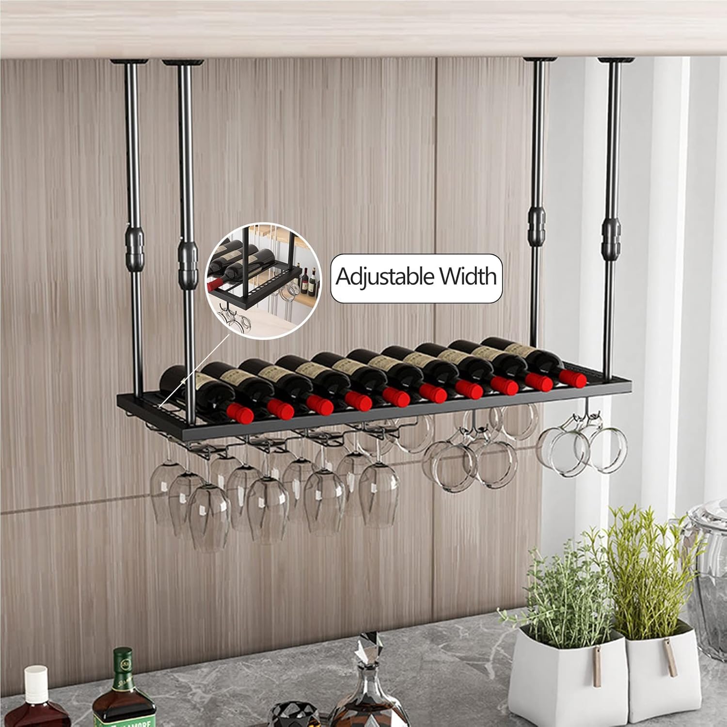 Adjustable Ceiling Wine Bottle Holder with Glass Rack