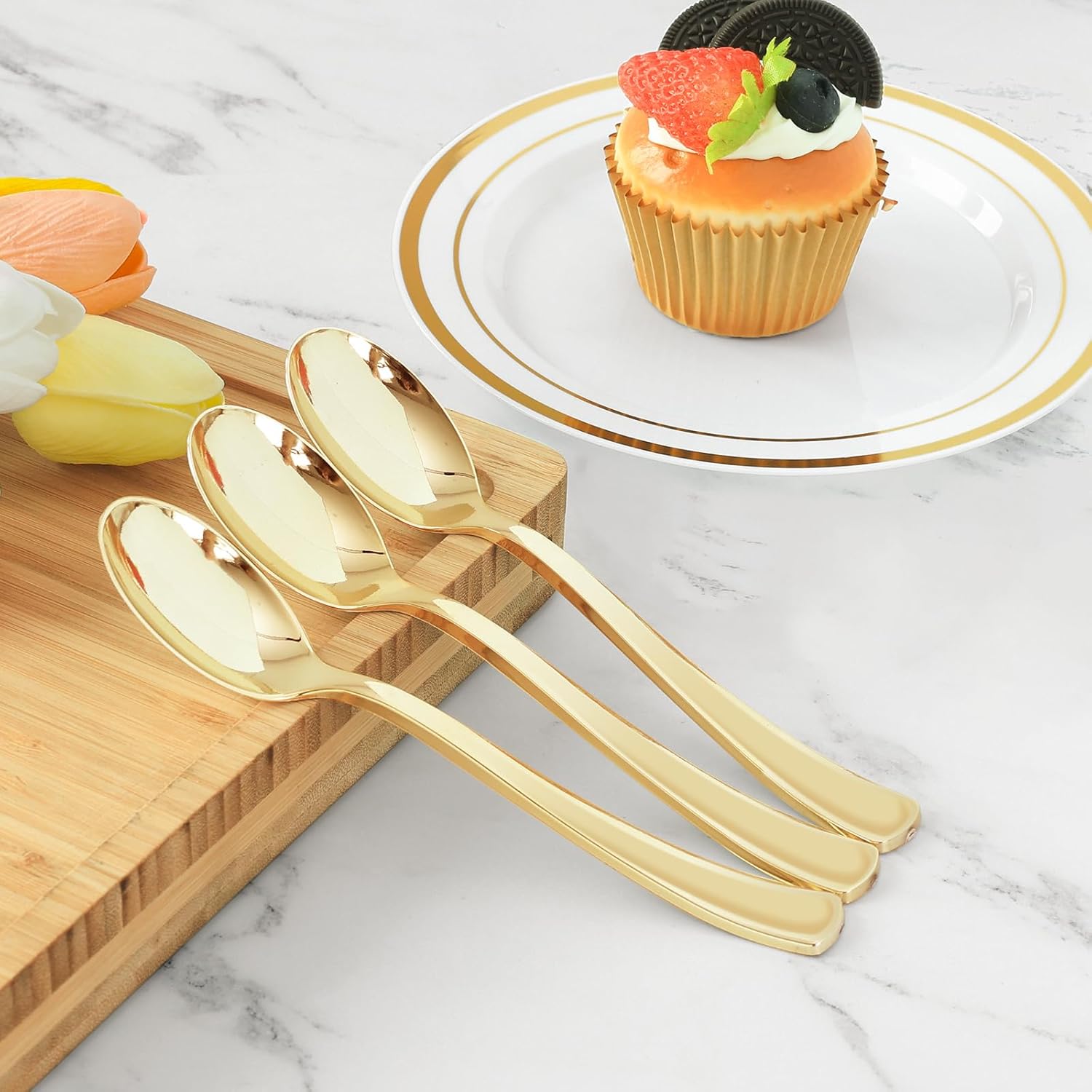 50 Pack Gold Plastic Spoons - Heavy Duty Disposable Serving Utensils