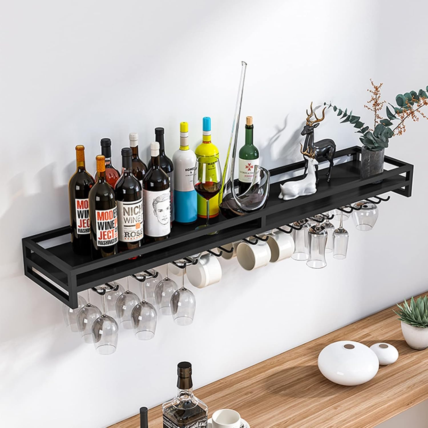 Suuim Wall Mounted Wine Rack Glass Holder Black Metal