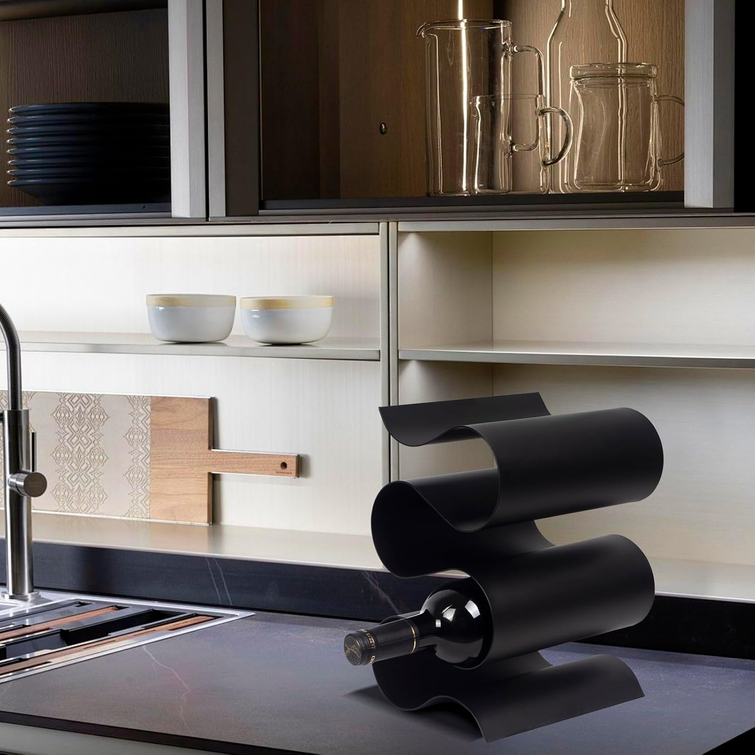 Modern Black S-Shaped Tabletop Wine Rack - 5 Bottle Storage