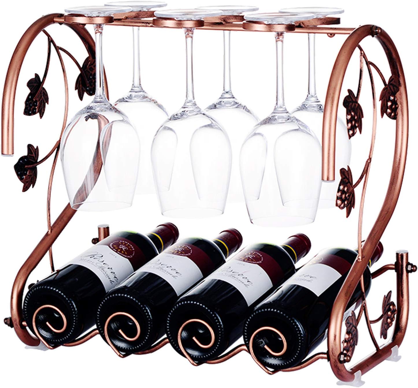 BOCbco Wrought Iron Wine Rack with 4 Bottles and 6 Stemware Holders