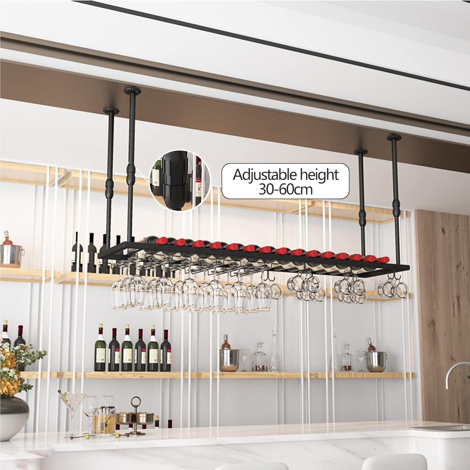 Adjustable Ceiling Wine Bottle Holder with Glass Rack