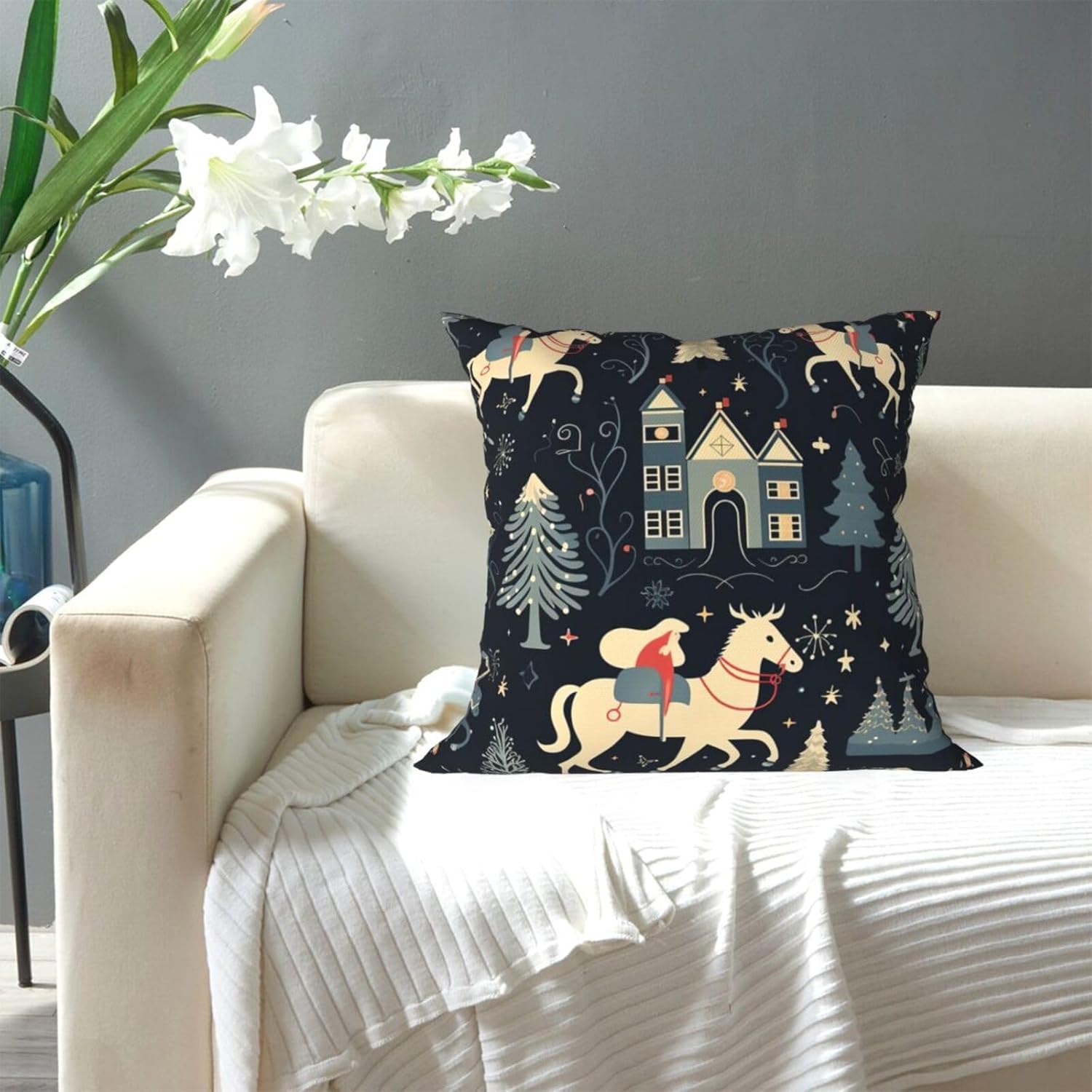 Ogniwo House Deer Tree Christmas Throw Pillow Soft 12x12 Inch Cushion Case