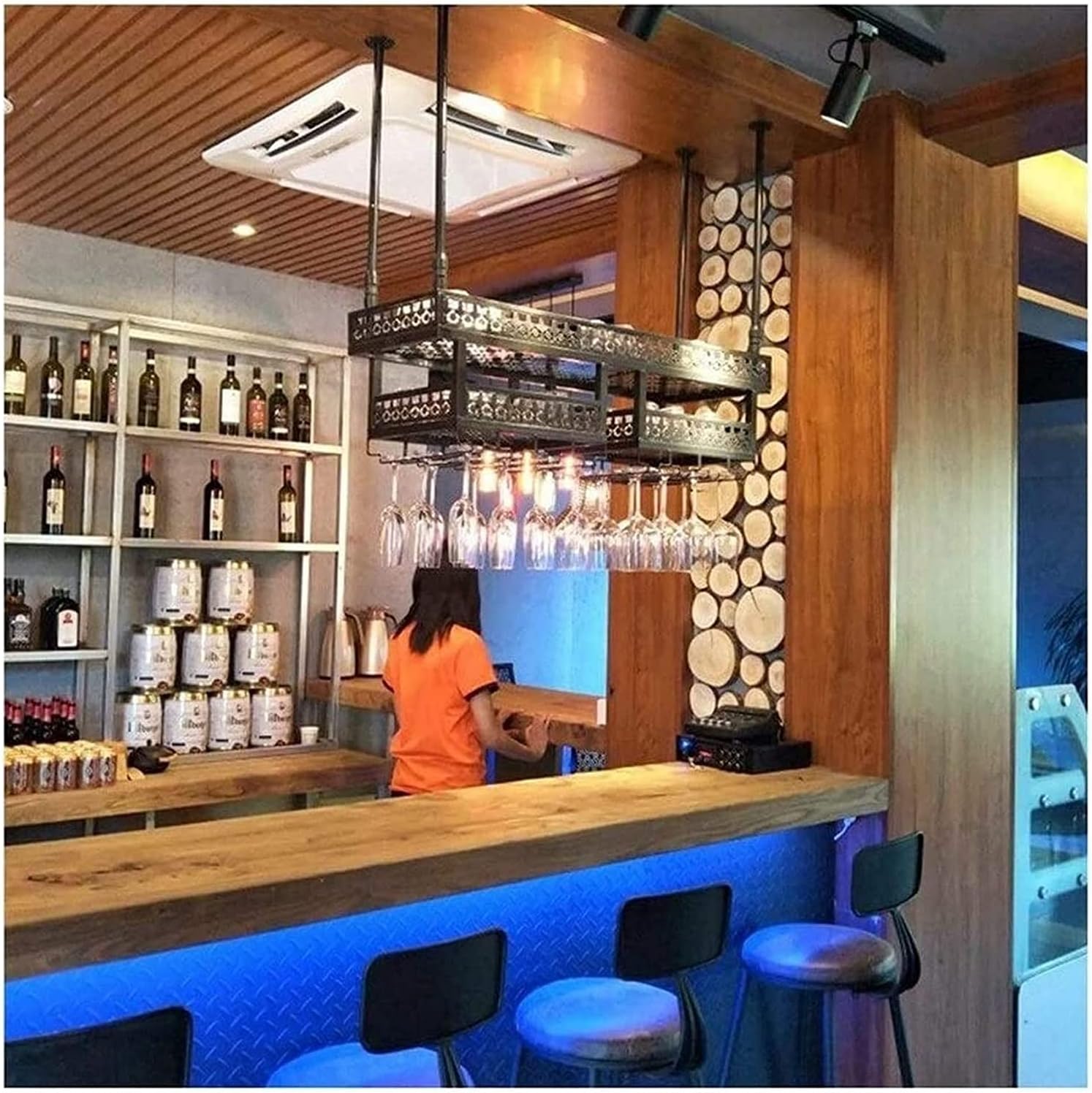 Suuim Hanging Wine Rack with Glass Holder and Shelf Black