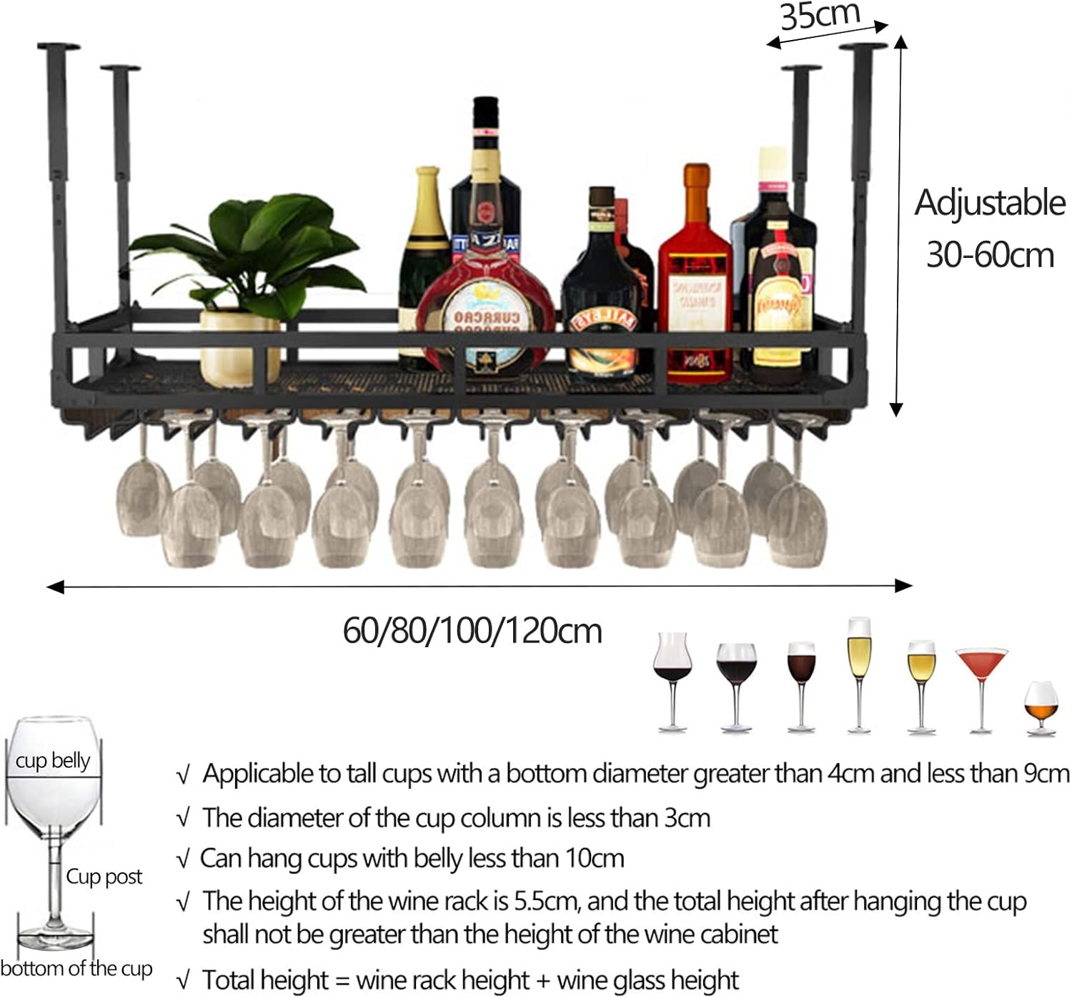 Adjustable Wine Glass Holder with Bottle Rack Black