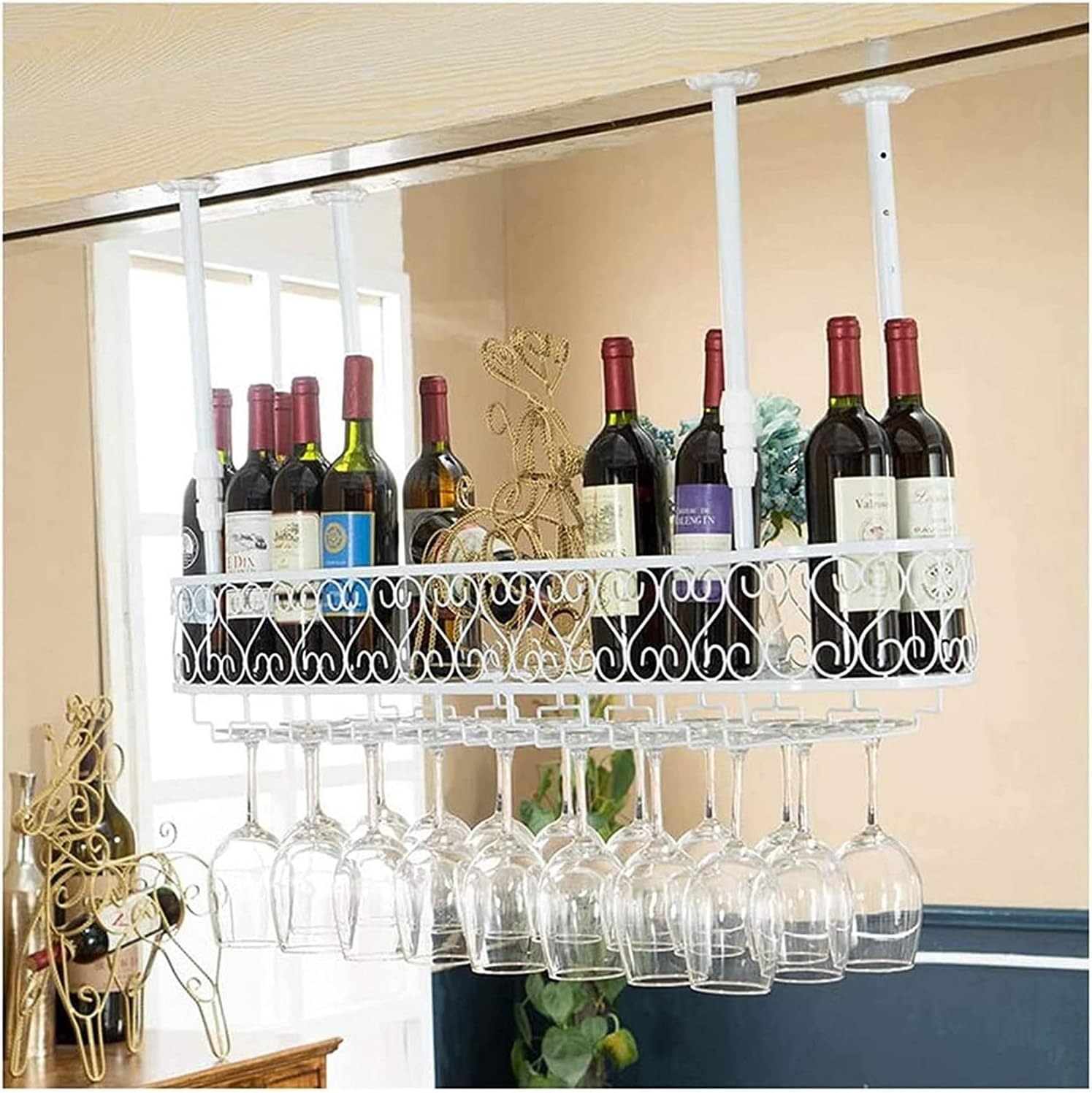 Ceiling Hanging Wine Rack with Glass Holder Shelf 100x25cm White