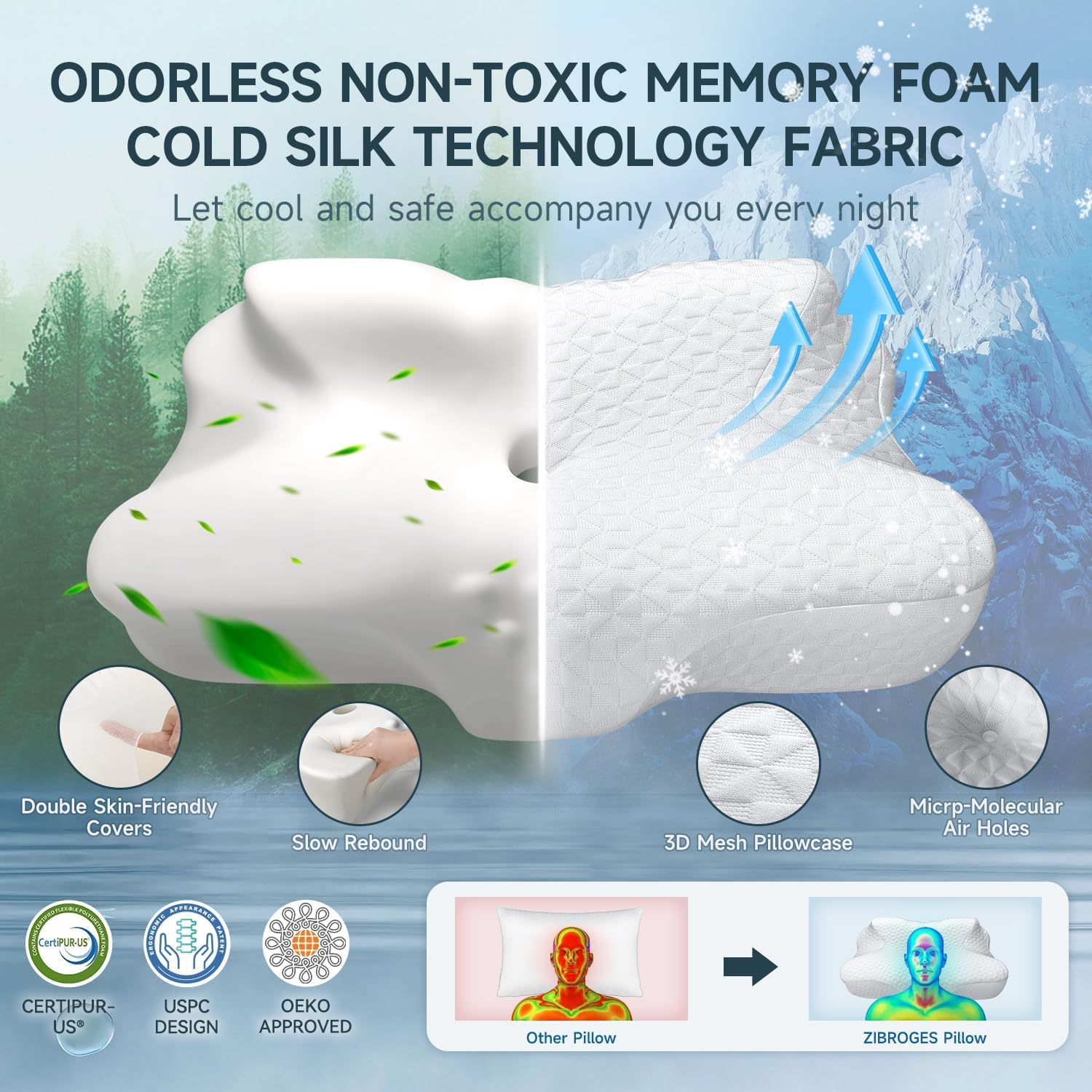 Zibroges Memory Foam Cervical Pillow for All Sleep Positions