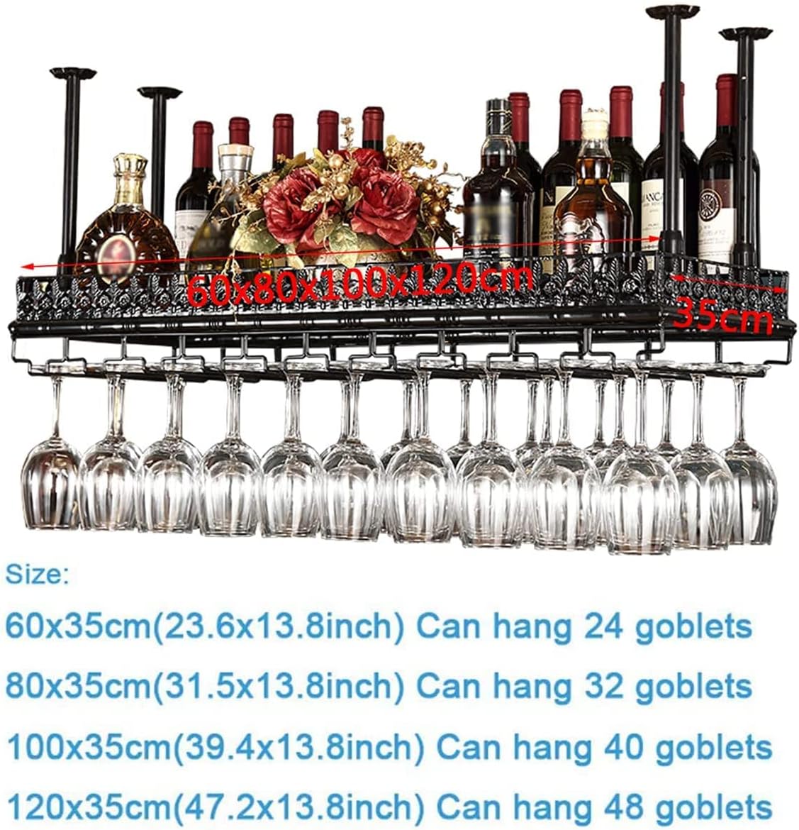 Adjustable Metal Ceiling Wine Rack Holder - 60x35cm Black