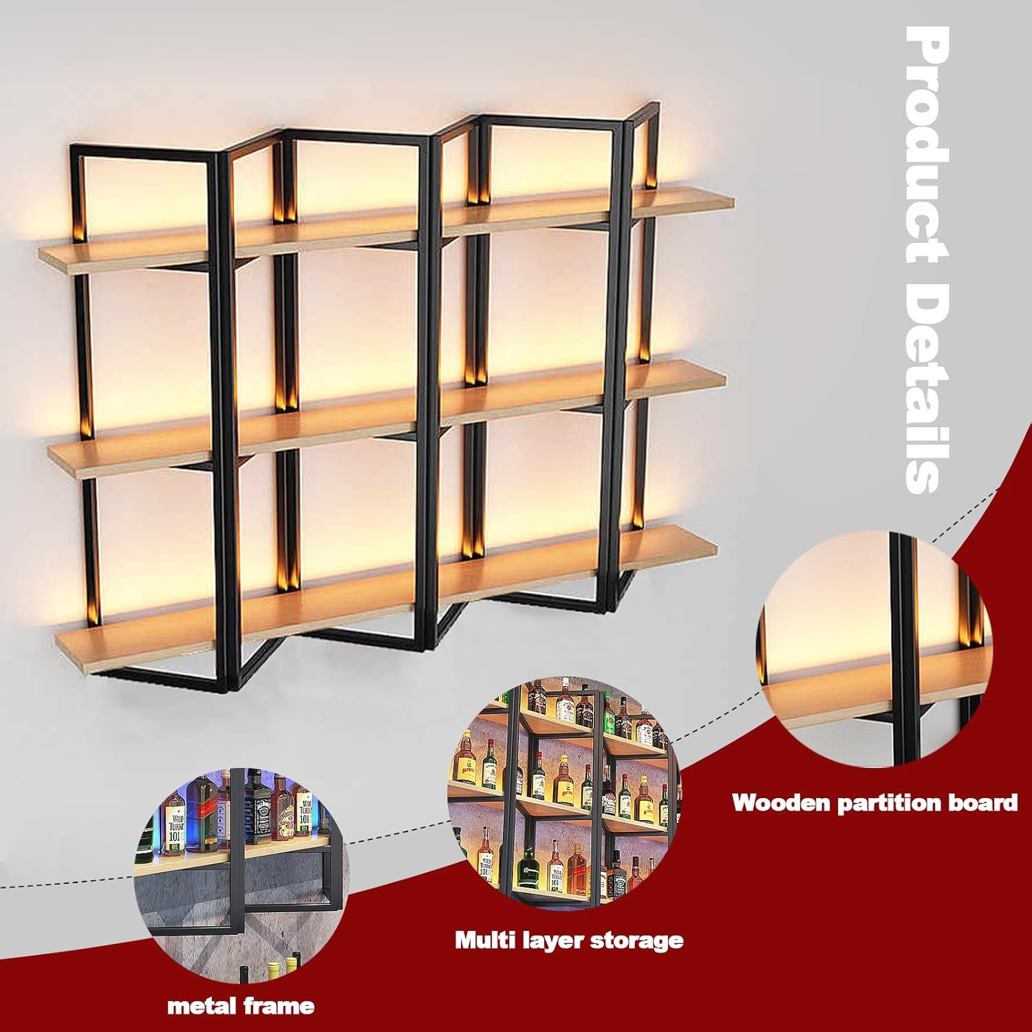 RAJYQODIS Wall-Mounted Wine Rack 3-Tiers Metal Wood Storage Shelf Black