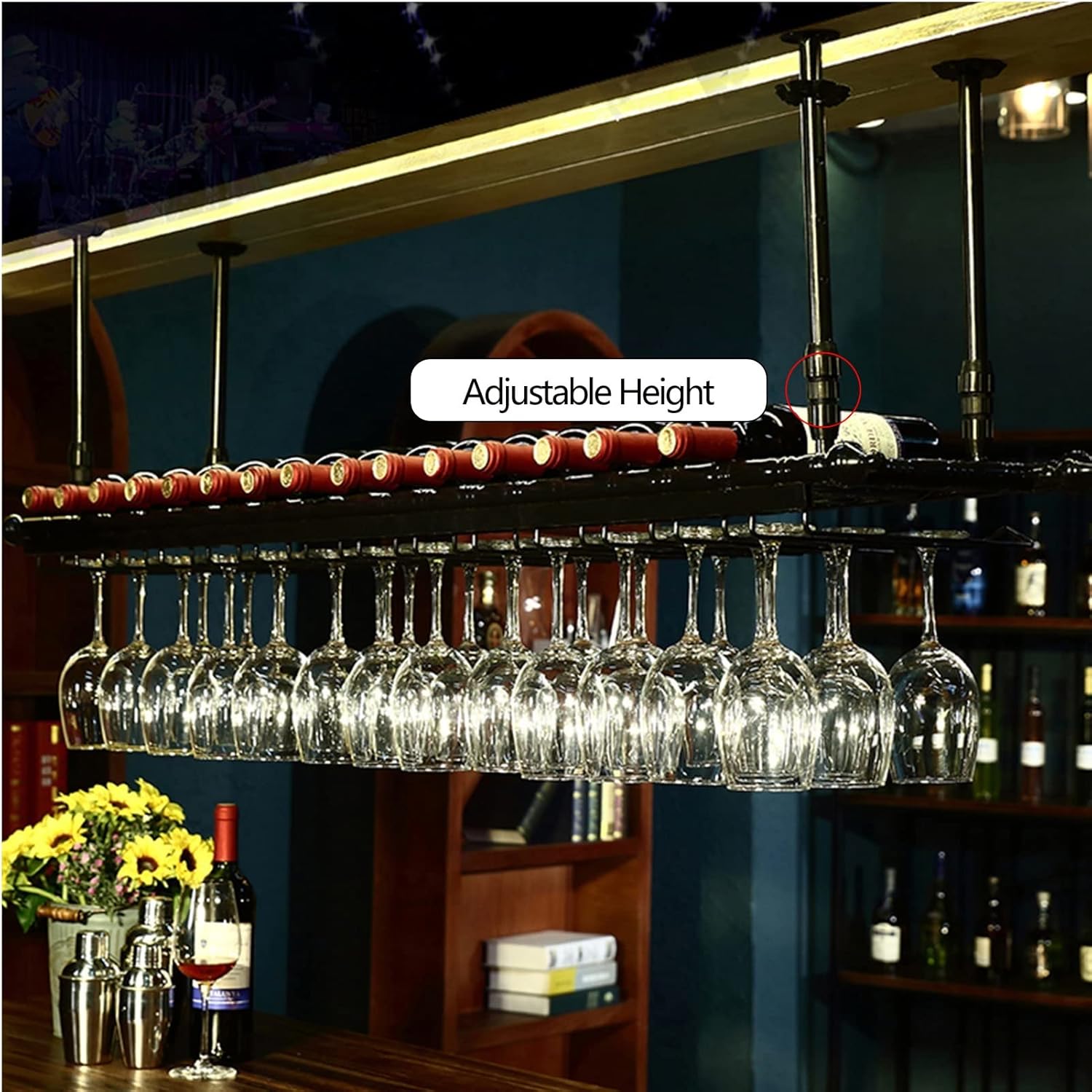 Suuim Metal Ceiling Wine Rack Holder with Adjustable Stemware