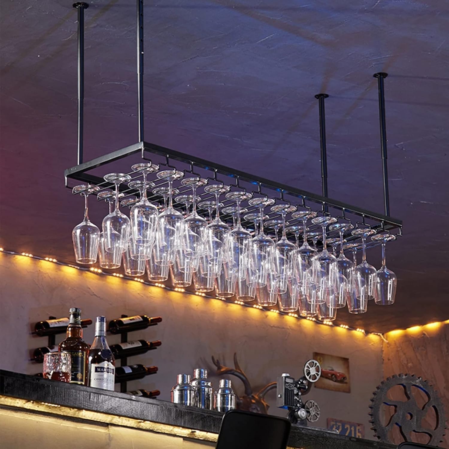 Suuim Adjustable Ceiling Wine Holder with Glasses Rack
