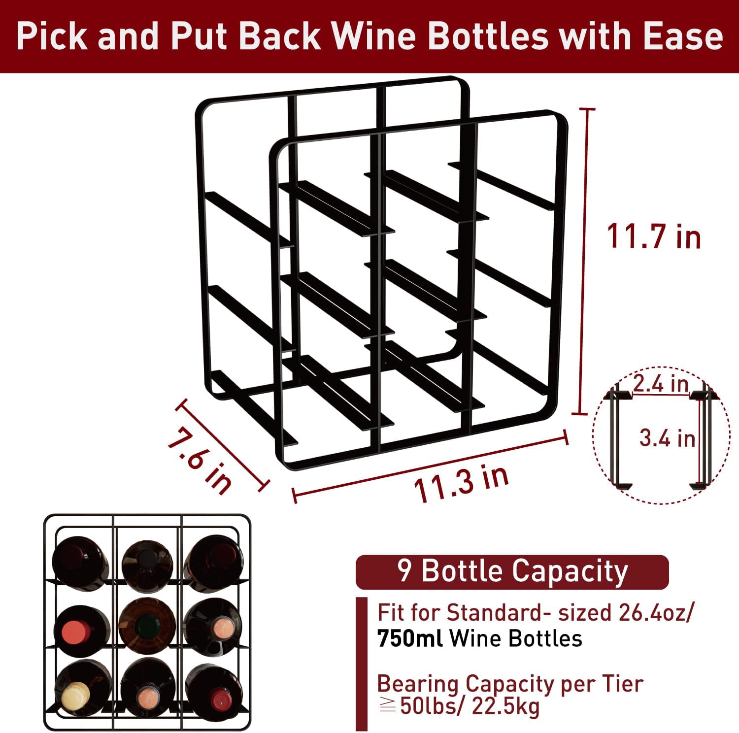 Buruis 9-Bottle Metal Wine Rack Black Freestanding 1