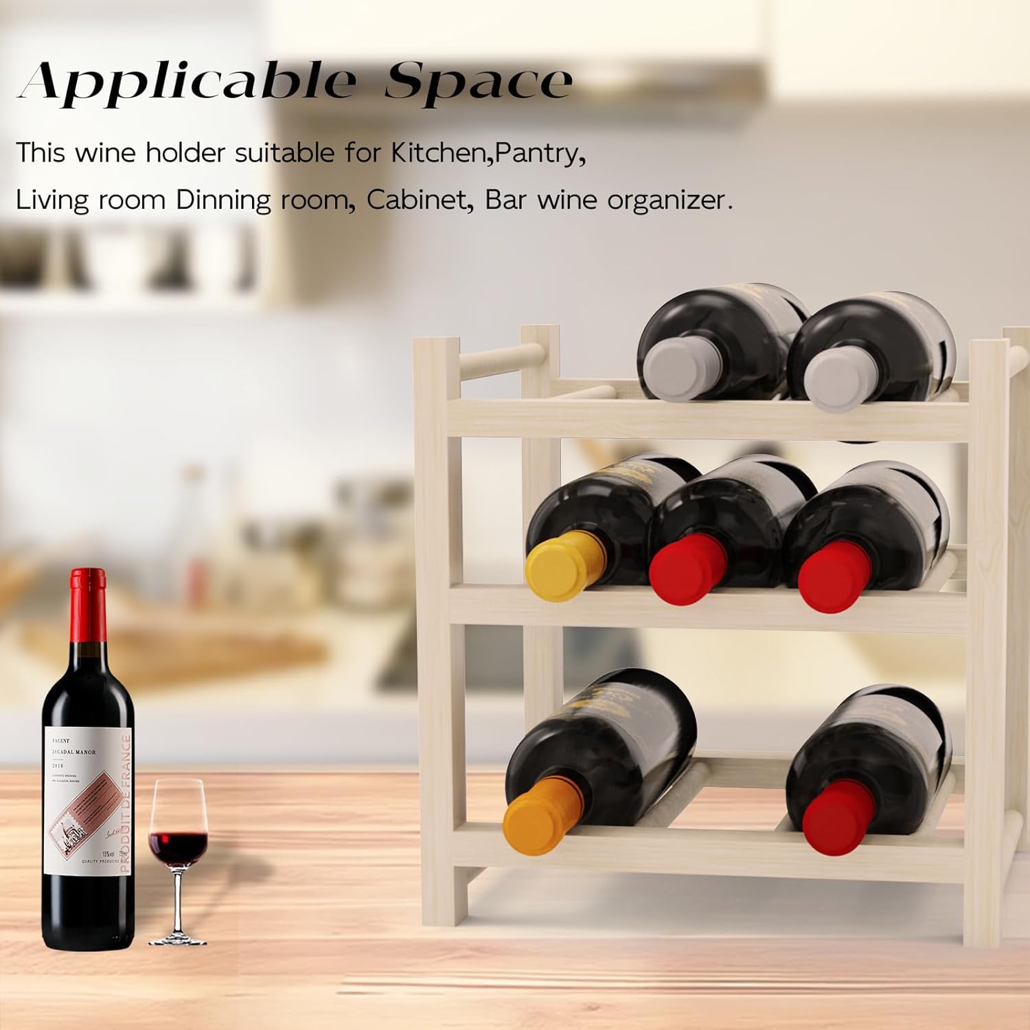 Haihomebest Solid Wood Wine Rack 9-Bottle 3-Tier